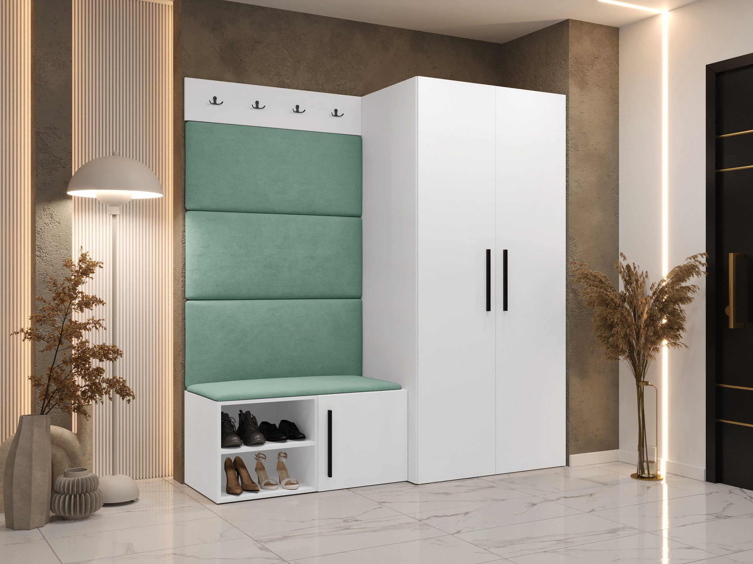 MIRJAN24 Garderoben-Set Medi I, (Drehtürenschrank, Schuhschrank, 4x Paneel 84x42), Kleiderstange, 4 Kleiderhaken für Kleidung