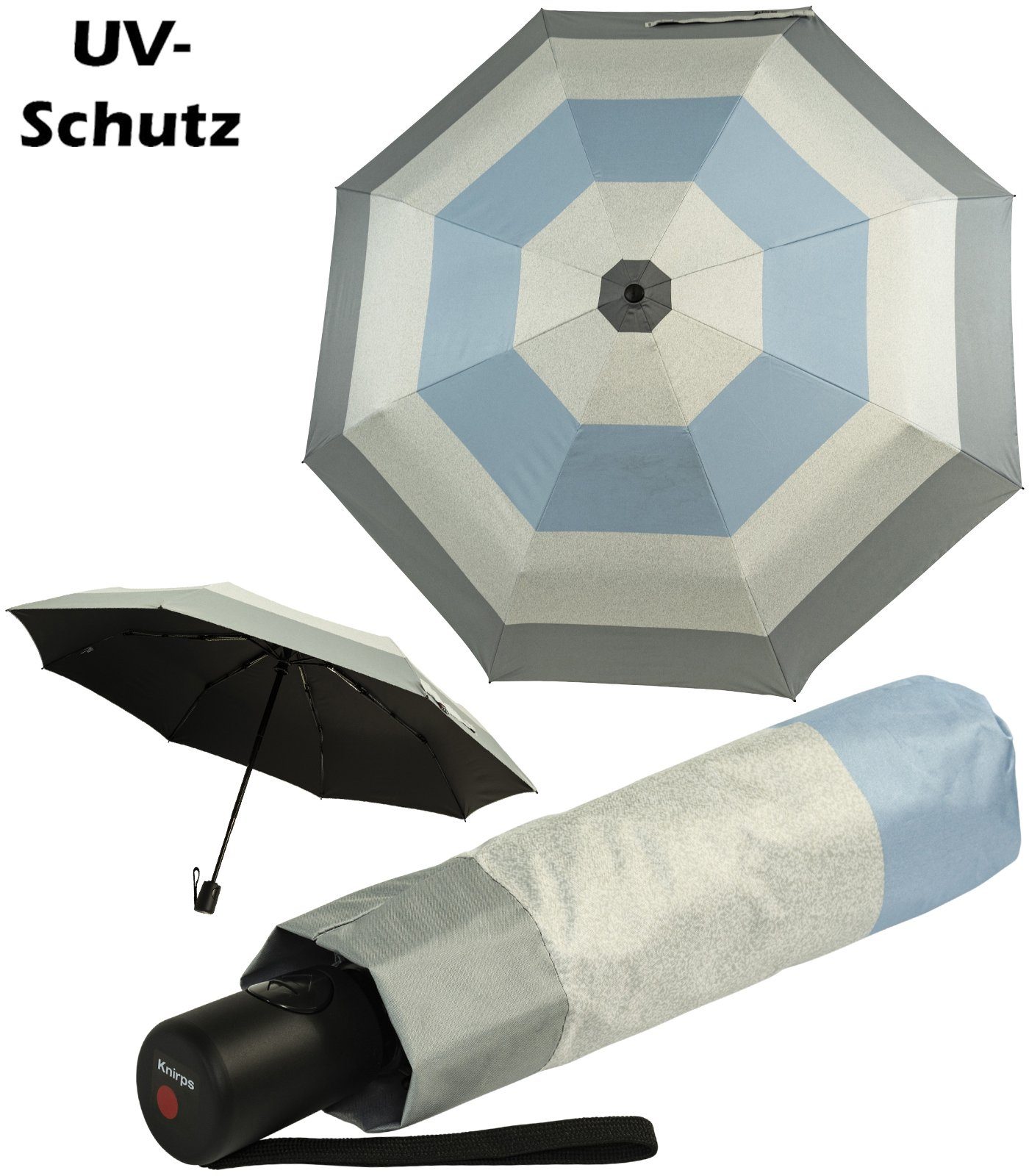 Knirps® Taschenregenschirm A.200 Damen-Taschenschirm mit Auf-Zu-Automatik, Popy blau: 95% UV-Schutz, bis zu 40% Hitze-Schutz grau-blau