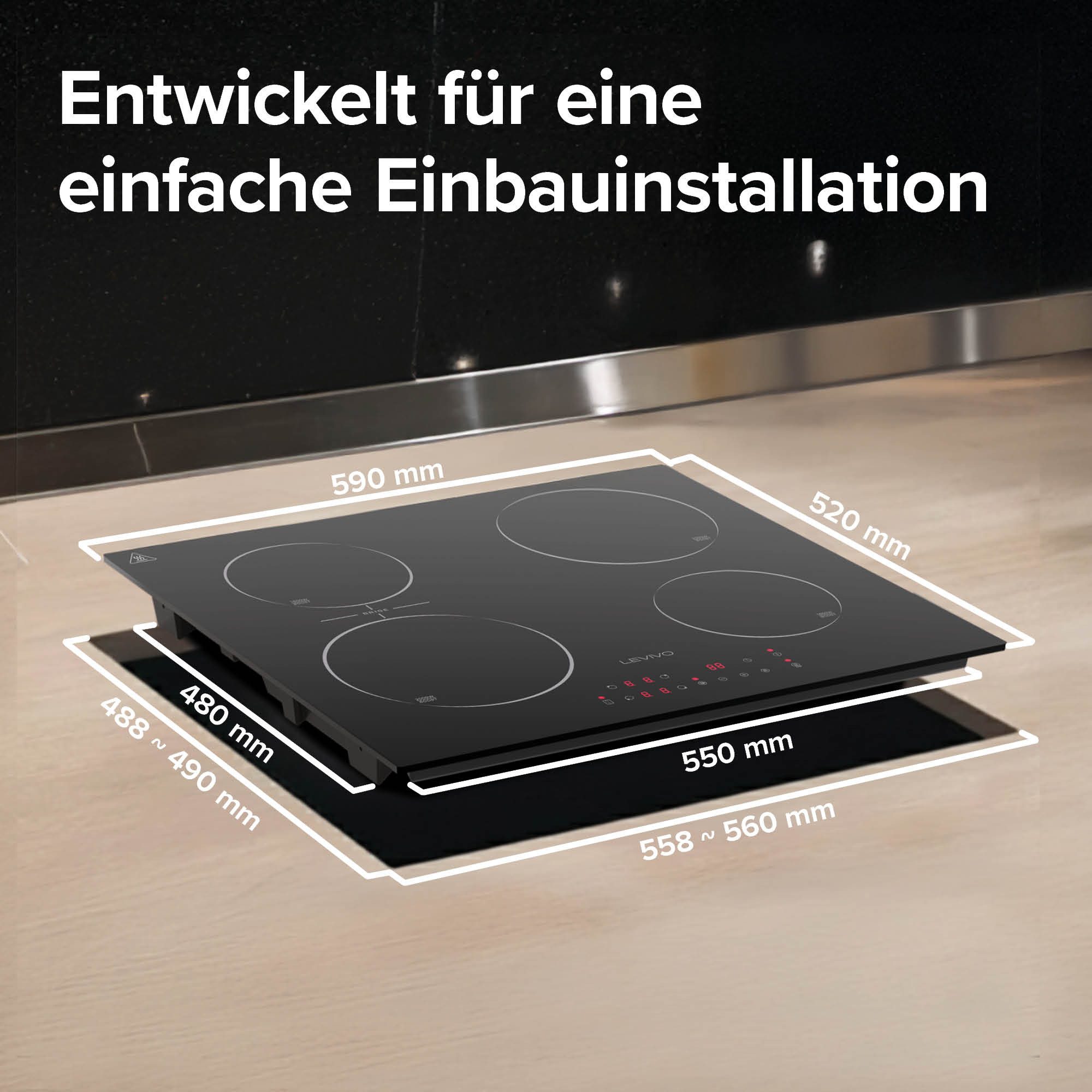 Levivo Induktions-Kochfeld FS-I72S-FFDD07, 4 Platten, 9 Stufen, Booster, Touch-Control, Timer, Bridge Funktion