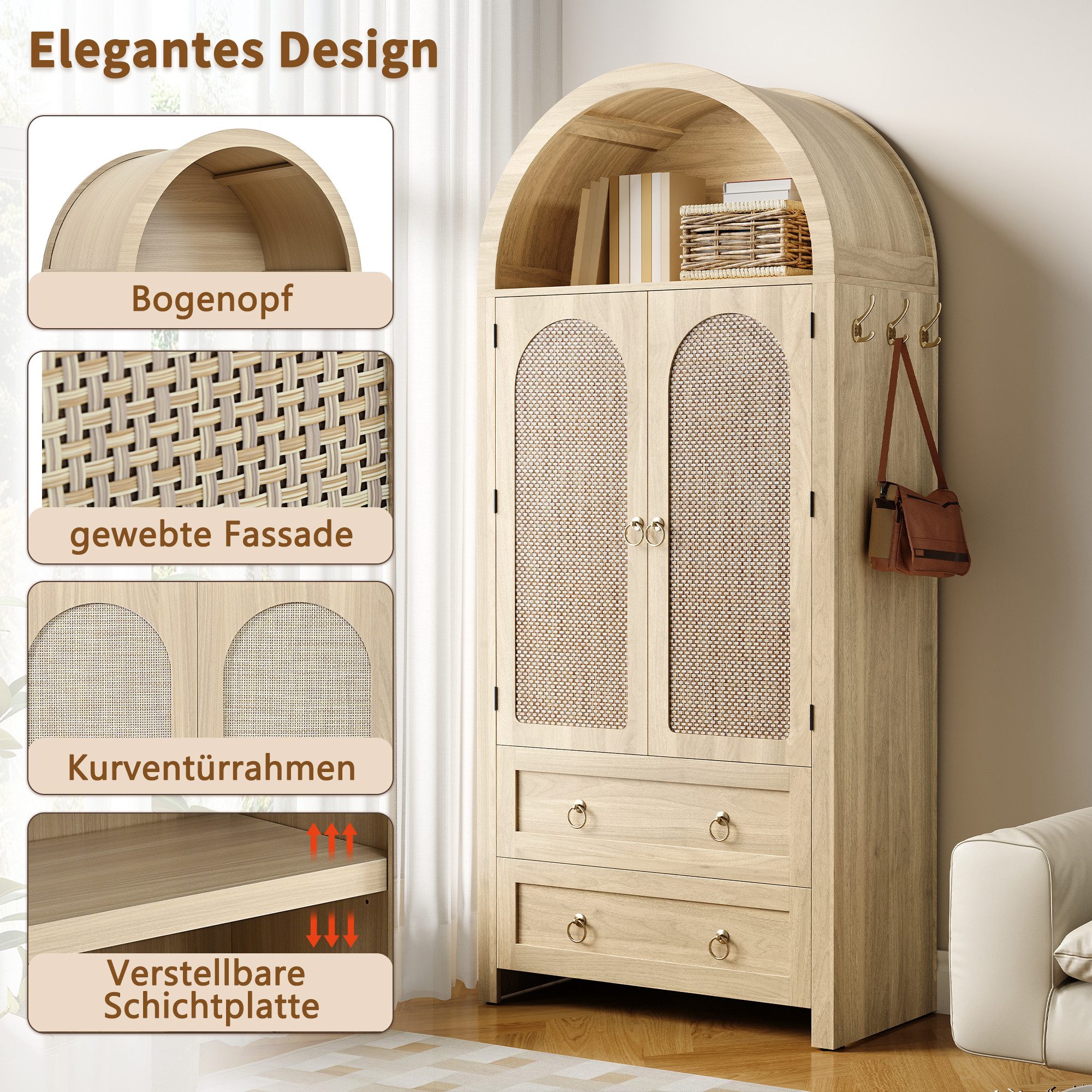 Merax Sideboard im Vintage-Rattan-Stil, Bogenförmiger Schrank (1 St., 80 L x 40 B x 180 H), Kommode mit 2 Türen, 2 Schubladen und Stauraum, Aufbewahrungsmöbel – Bild 5 von 5