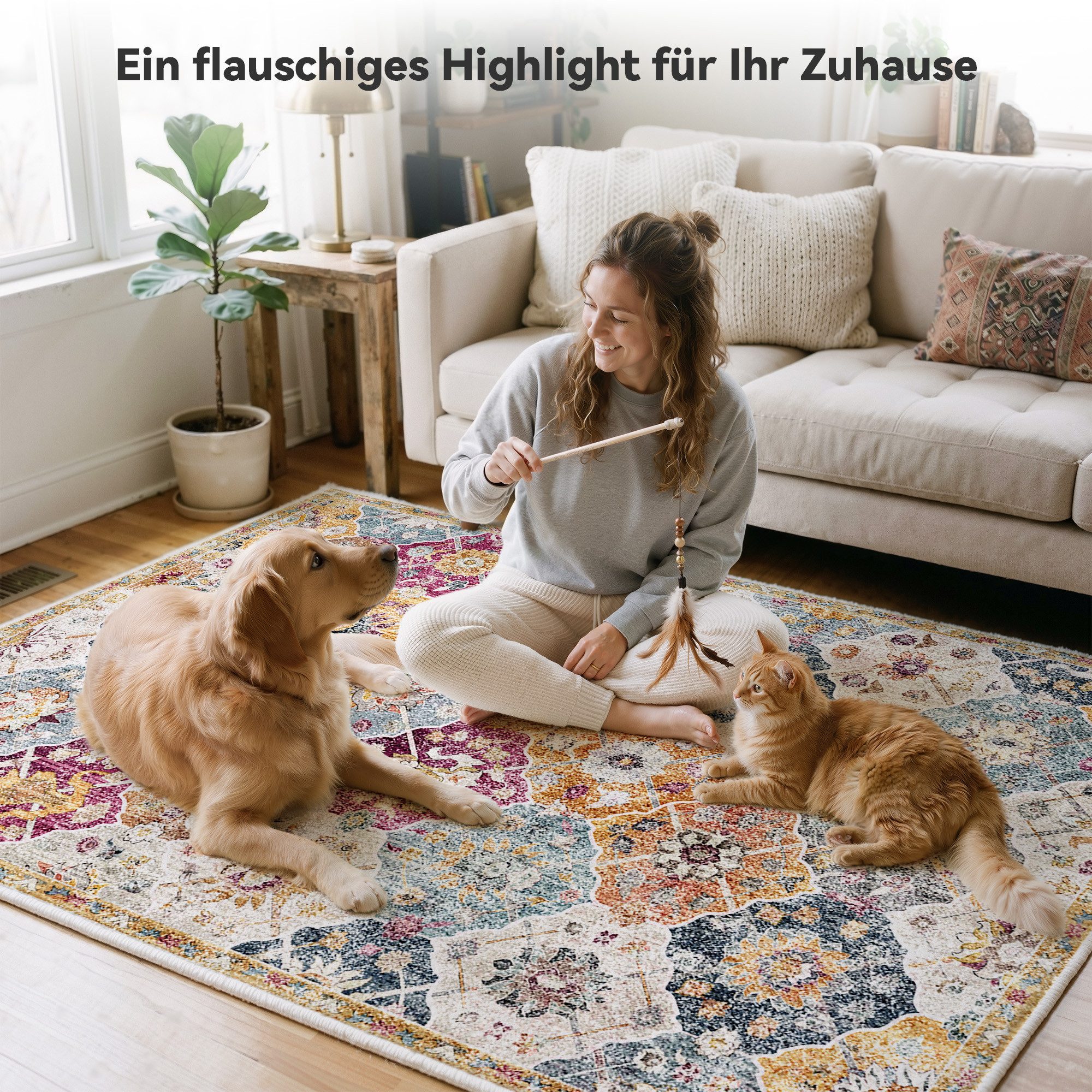 Klyvvo Teppich Boho Retro Kurzflor Teppich mit Blumenmuster rechteckig, Höhe: 8.5 mm, Rechteckig, hohe Flordichte, weich, Maschinwaschbar mit Rutschfester TPE-U – Bild 4 von 5