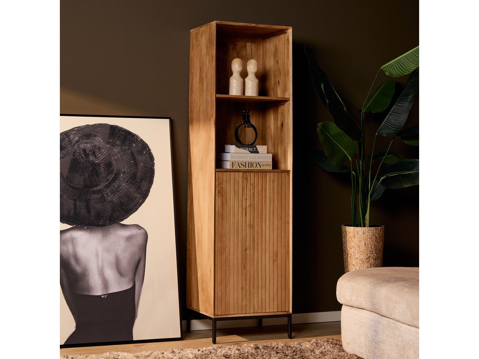 Villa Möbel Regal, Packung 1-tlg., Massives Mangoholz, Latten-Optik, 2 Fächer & stabiler Metallrahmen