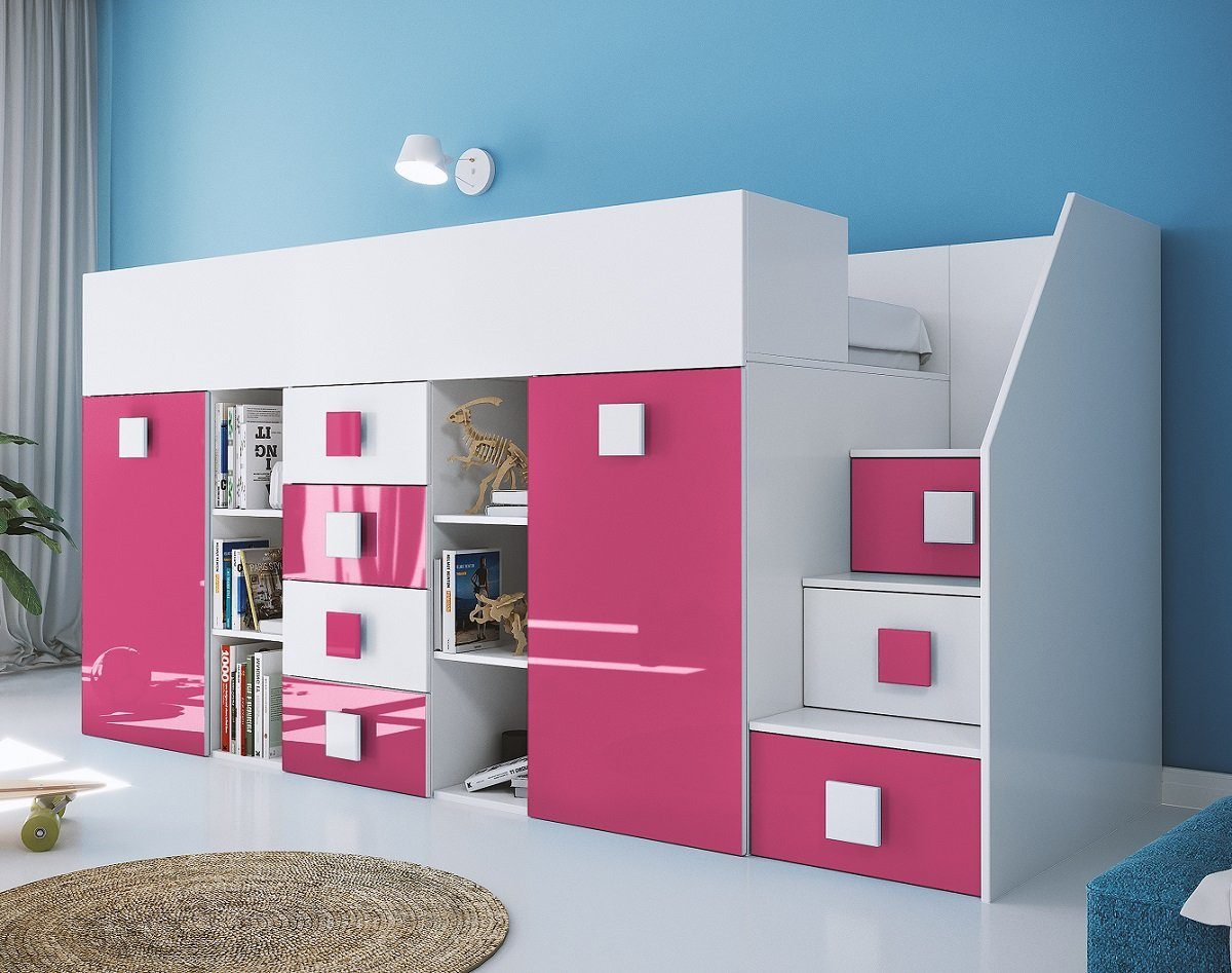 QMM TraumMöbel Hochbett TELLY 3 mit Treppe rechts (Bett, Schrank, Schreibtisch, Schubladen, Regale, Treppe) ausziehbarer Schreibtisch