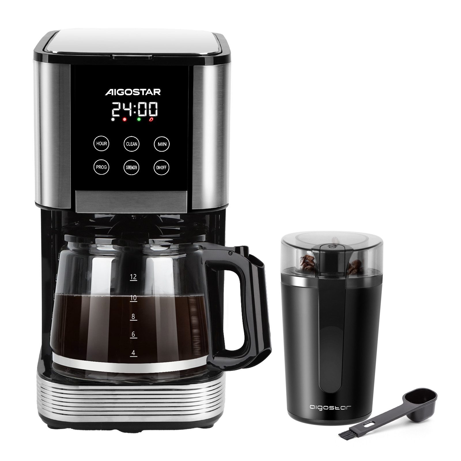 Aigostar Kaffeemaschine mit Mahlwerk Elektrische Kaffeemühle 60g 200W/ Filterkaffeemaschine 1,5L 1000W, Korbfilter, Programmierbar 24h, Tropf-Stopp, AutoClean, Warmhaltefunktion