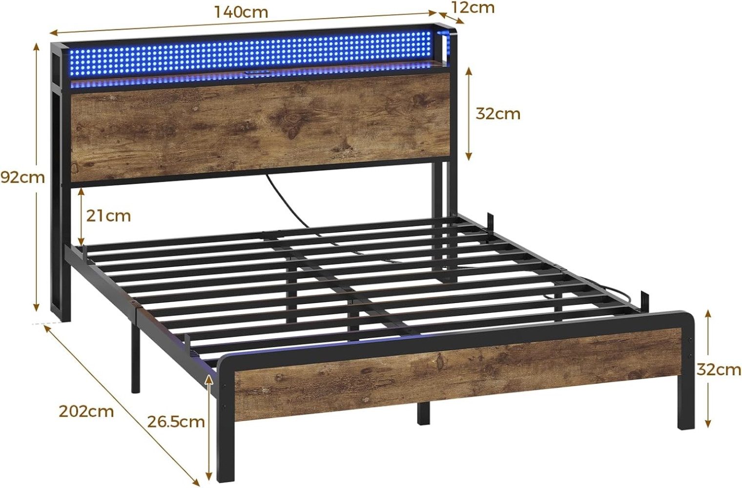 KIMENICH Metallbett mit LED-Beleuchtung – Metallrahmen, Ladestation, Vintag günstig online kaufen