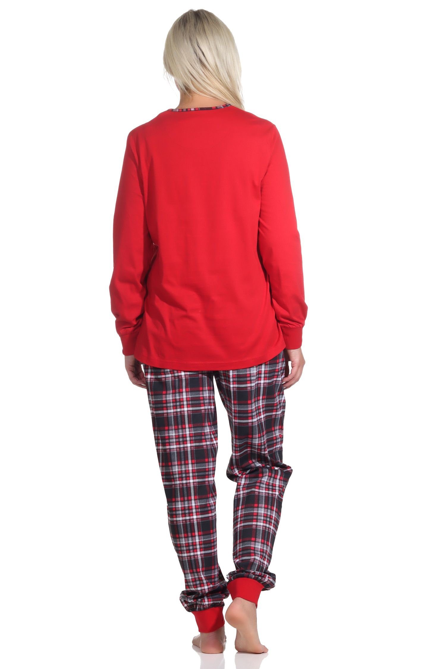 Normann Pyjama mit Schlafanzug Damen und Tiermotiv süßem mit Bündchen rot Karohose