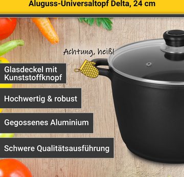 Krüger Kochtopf Aluguss Universaltopf mit Glasdeckel DELTA, 24 cm, Aluminiumguss (1-tlg), für Induktions-Kochfelder geeignet