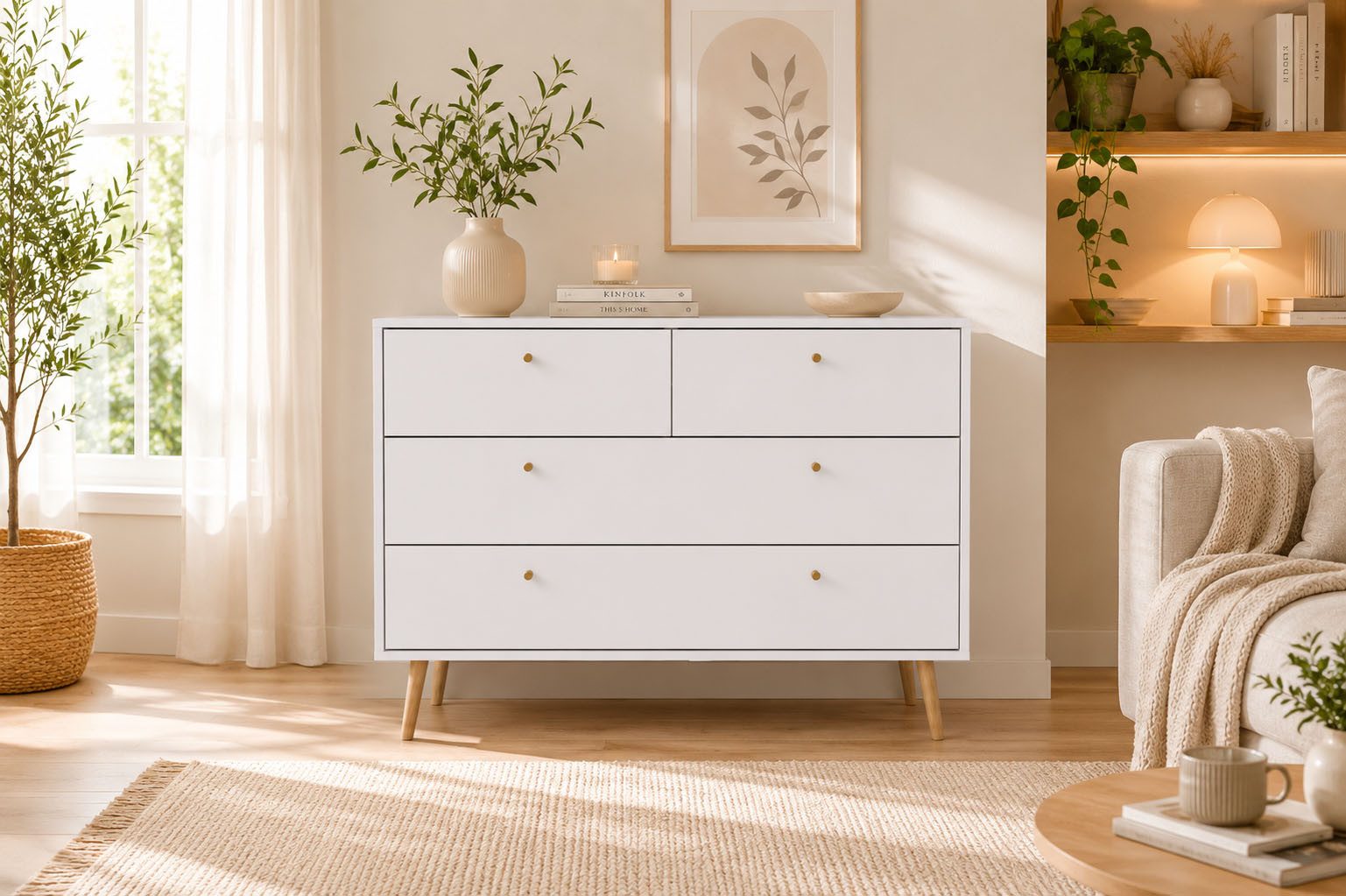 Home affaire Kommode Bodo, Aufbewahrung, Schubladenschrank, Stauraum, modern, Breite 99 cm, 4 Schubladen, Weiß oder Schwarz, Beine und Griffe aus Echtholz