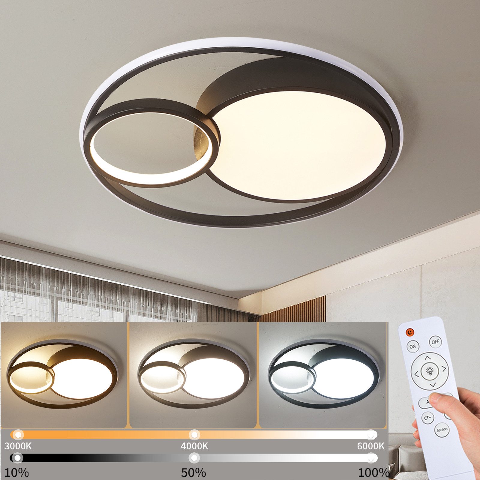 style home LED Deckenleuchte Modern Deckenlampe für Wohnzimmer Schlafzimmer, 55W-Dimmabr 3000-6000K, LED fest integriert, warmweiß bis kaltweiß dimmbar mit Fernbedienung, Runde Lampe aus Metall, 55W Ø50x8,5cm, Schwarz