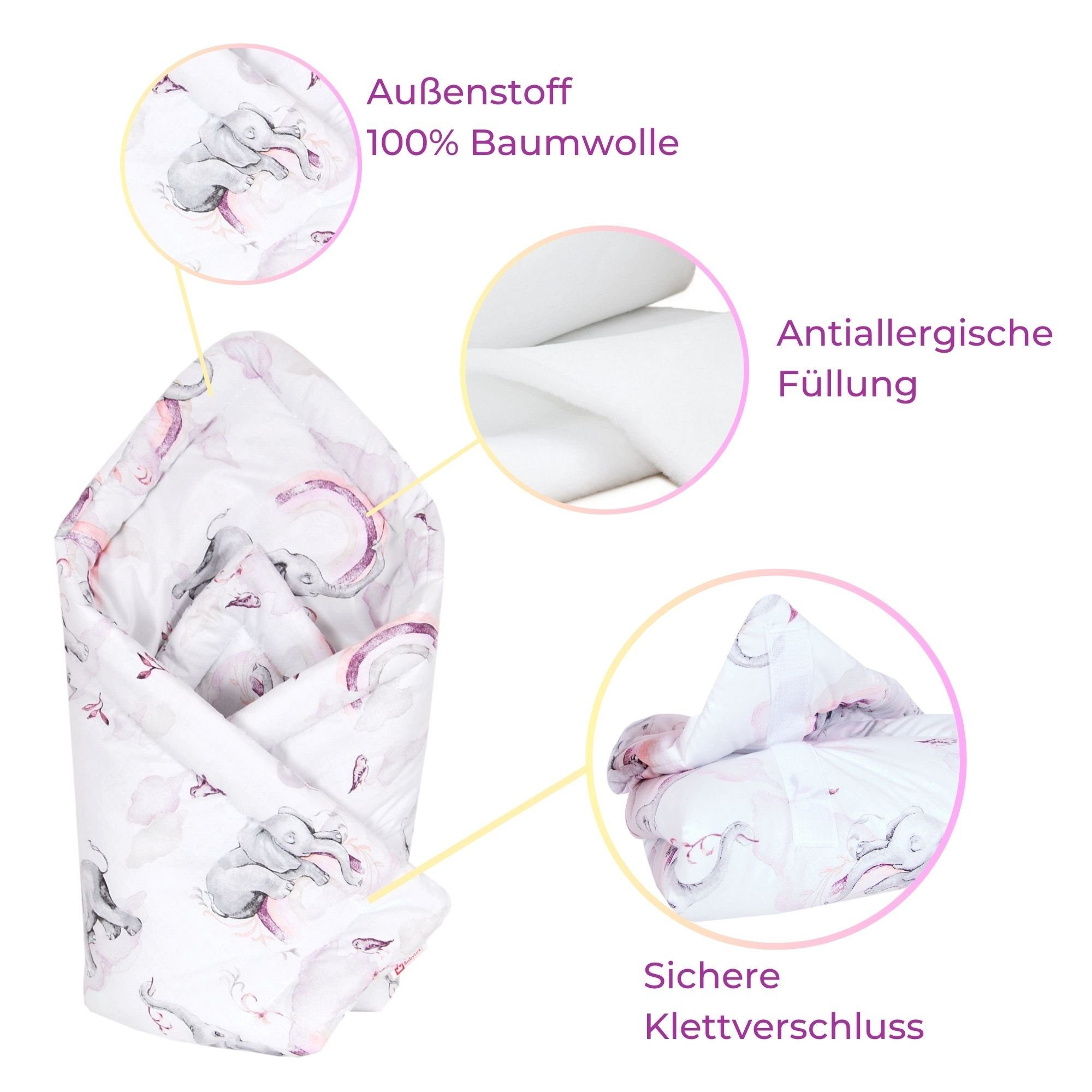 Babydecke BABYLUX Einschlagdecke BABYHÖRNCHEN 75x75cm Neugeborene, BabyLux, 125. Elefanten Rosa