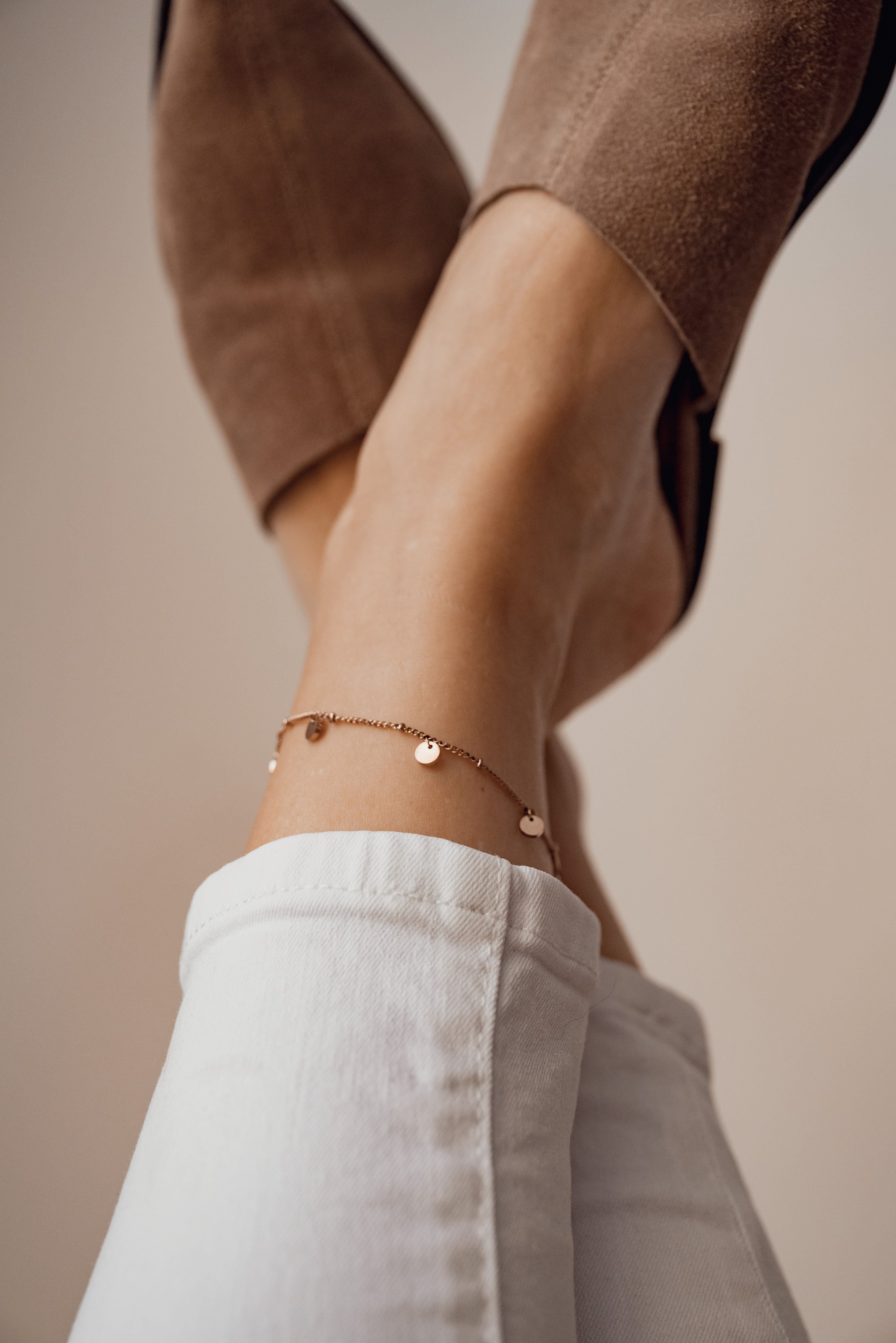 Hey Happiness Fußkette mit Anhänger Plättchen rund, Damen Fußkettchen 18K R günstig online kaufen