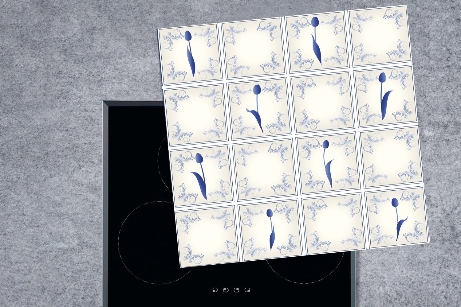 MuchoWow Herdblende-/Abdeckplatte Eine cm, (1 Illustration Arbeitsplatte Fliesen, Vinyl, von für Ceranfeldabdeckung, küche tlg), auf Tulpen blauen 78x78