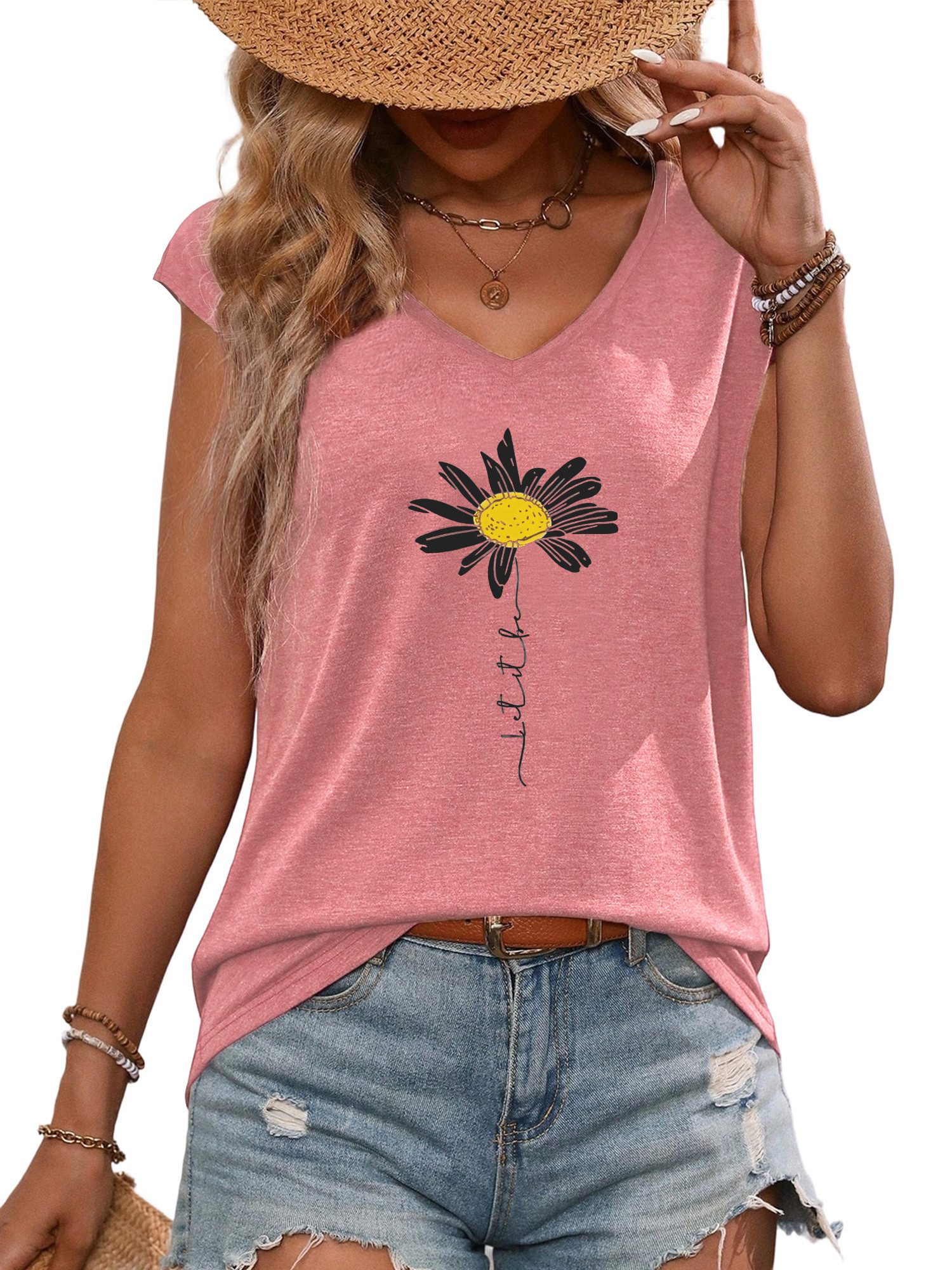 PYLIKE Achselhemd Damen Casual Achselhemd mit Gänseblümchen Druck bequemes Tanktop Bequem für Freizeit und Büro,Strandurlaub
