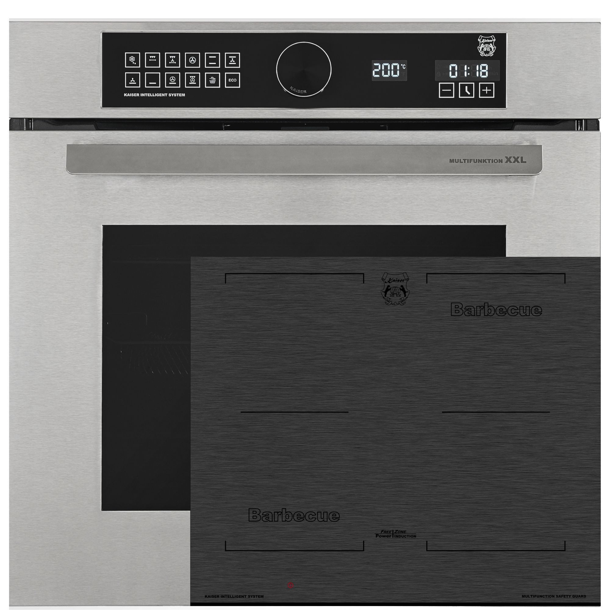 Kaiser Küchengeräte Backofen-Set Herd Set Autark Edelstahl Einbau Backofen XXL 79L Air Fry Pizzastein Heißluftsystem Selbstreinigung+Glaskeramik mit Facetten, Autark Herd Power Booster 60 cm EH 6451 +KCT 6700 FI, mit 1-fach-Teleskopauszug