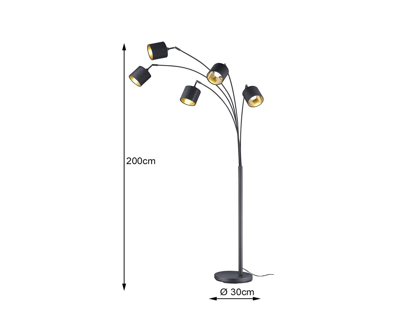 Designer-lampen H moderne Schwarz-Gold 200cm Stehlampe, wechselbar, meineWunschleuchte LED Warmweiß, Große Dimmfunktion, Lampenschirme ausgefallene LED Stoff