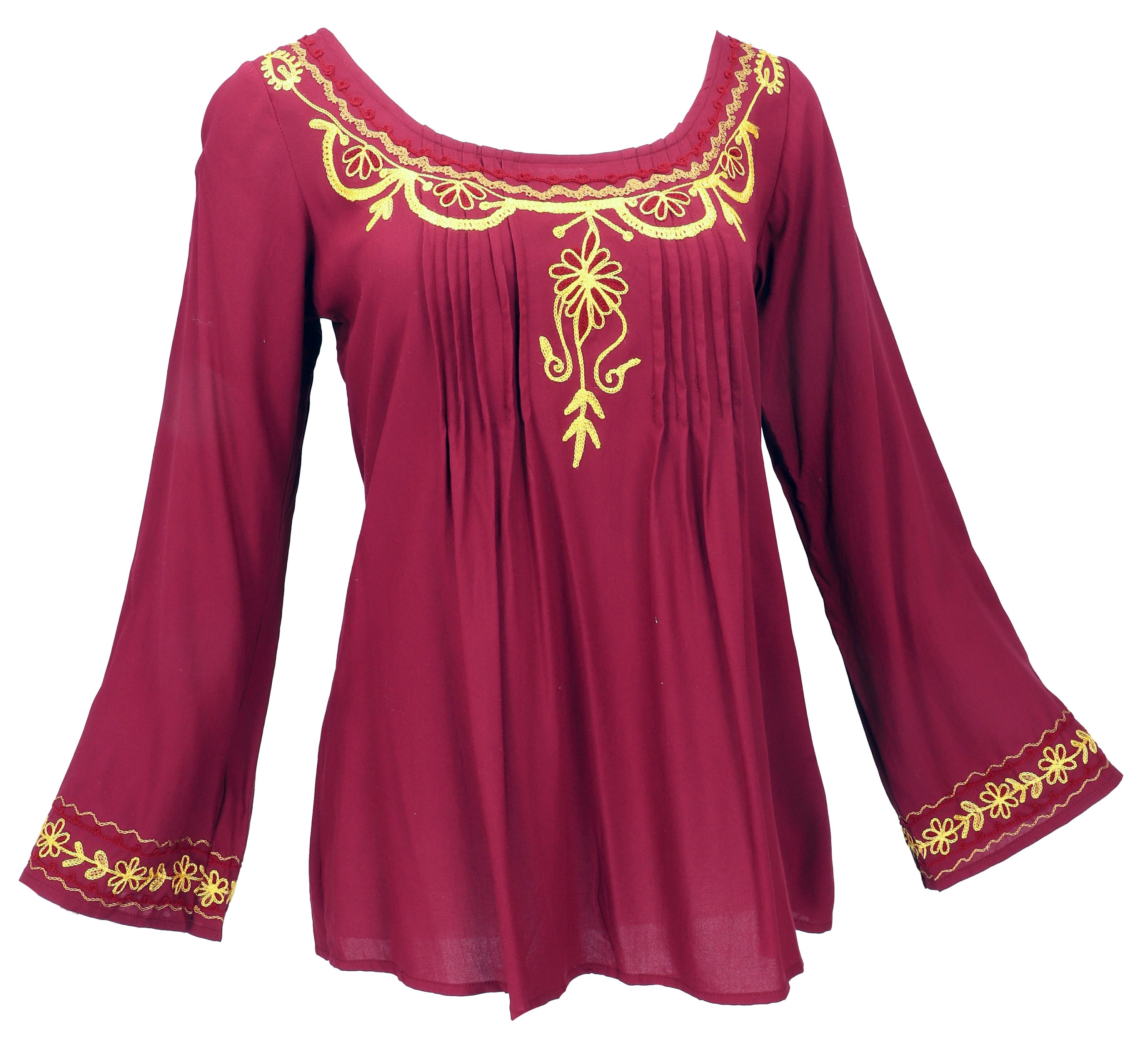 Guru-Shop Longbluse Bestickte Elfenbluse, Boho Damenbluse - weinrot alterna günstig online kaufen