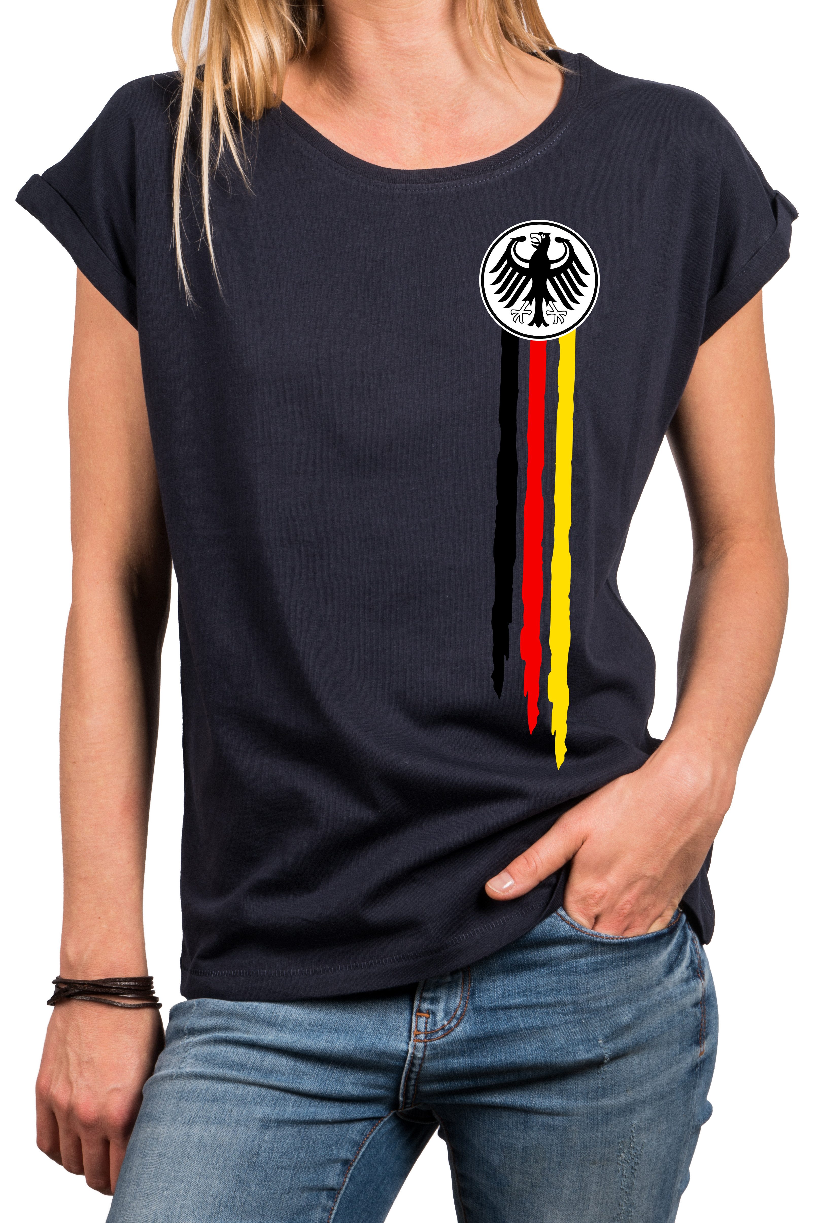 MAKAYA Print-Shirt Deutschland EM Trikot Damen Adler Flagge Fahne Fußball WM Top (Schwarz, Weiß, Blau, Grau, Grün, Rosa, 34, 36, 38, 40, 42, 44, 46, 48, 50) große Größen