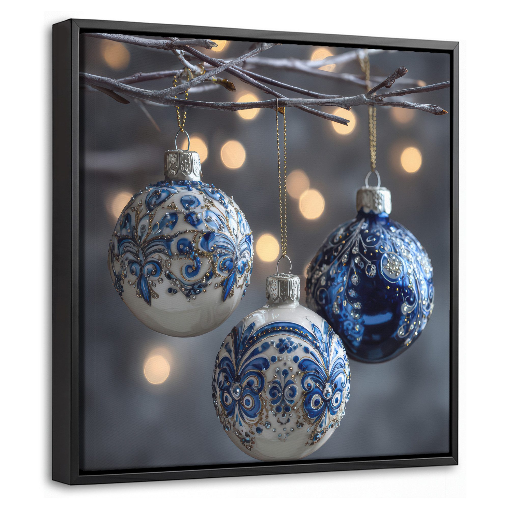 OneMillionCanvasses® Leinwandbild mit Rahmen - Weihnachtskugel - Dekoriert - Blau, Fotodruck (1 St), Leinwand Bilder Klein, Wand Dekoration Aesthetic 20x20cm