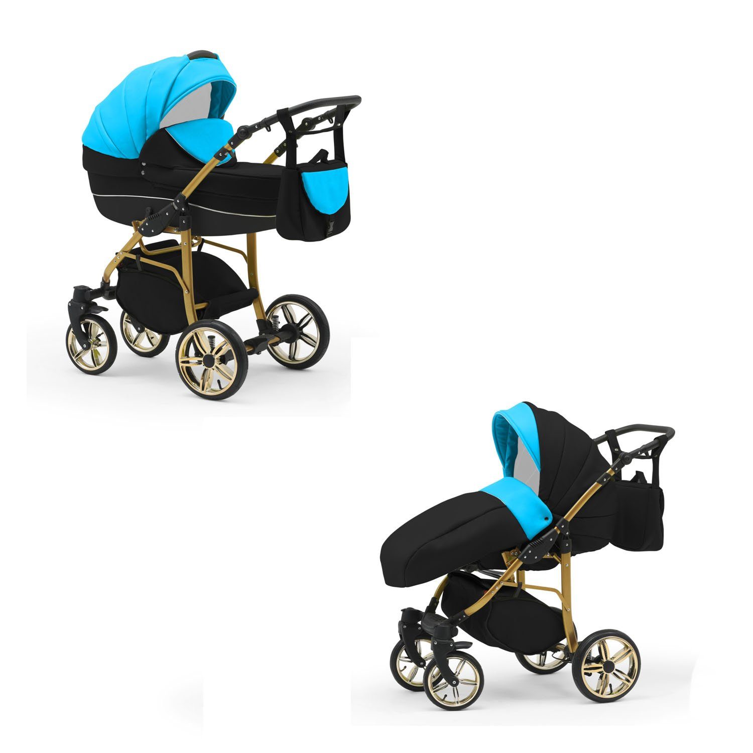Cosmo Teile babies-on-wheels 1 Kombi-Kinderwagen 46 - Kinderwagen-Set 2 in in Gold - ECO Farben 13 Türkis-Schwarz
