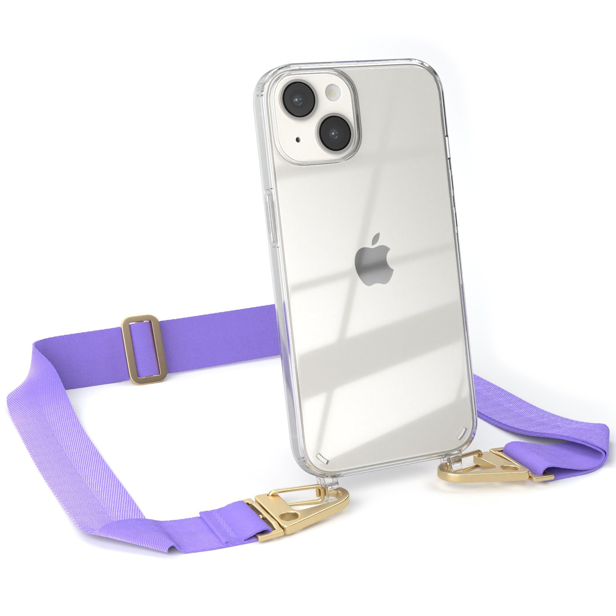 EAZY CASE Handykette Silikon Kette Karabiner für Apple iPhone 14 6,1 Zoll, Hülle mit Band 2in1 Handyband Etui Case mit Kordel Flieder Lila Gold