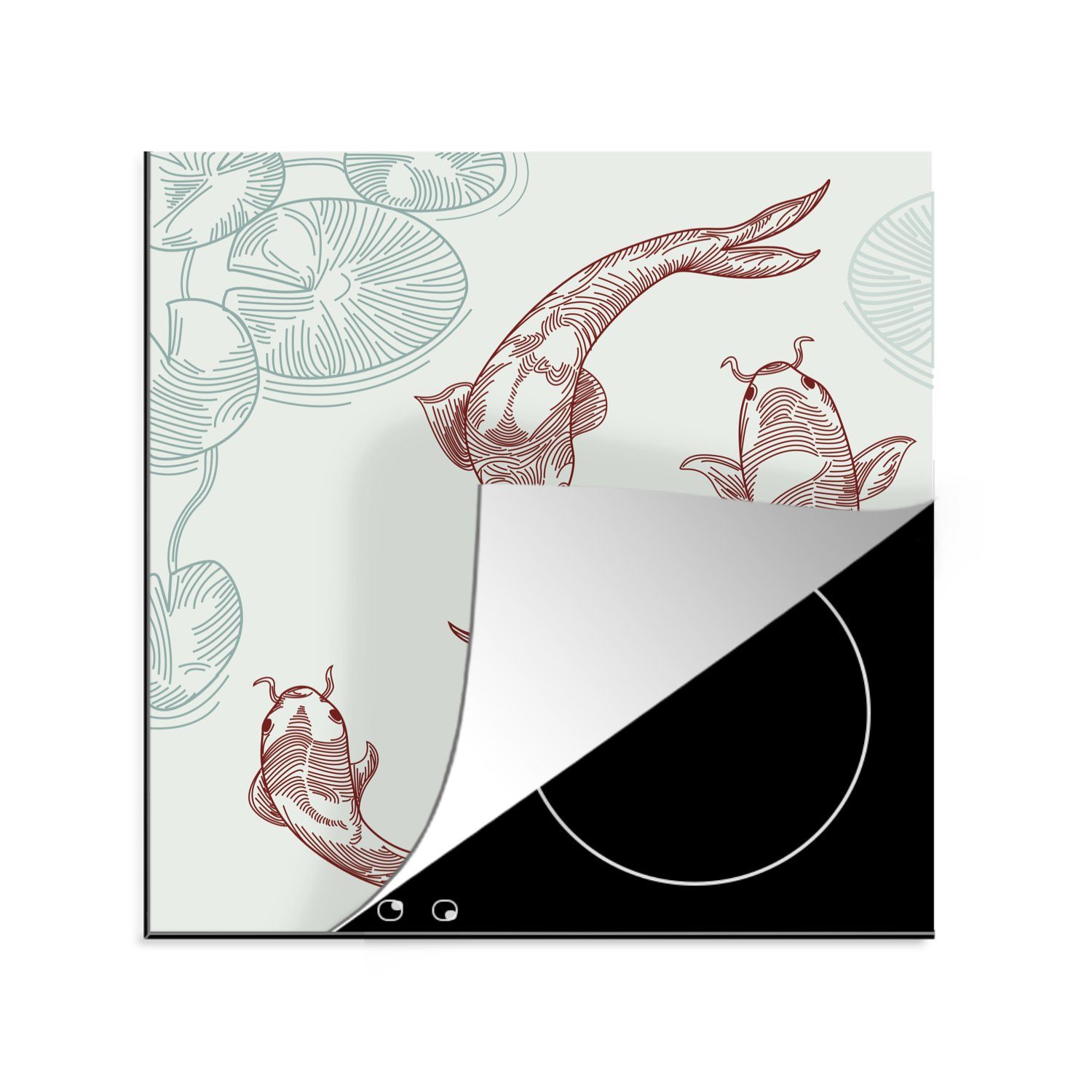 MuchoWow Herdblende-/Abdeckplatte Illustration von Koi-Karpfen in einem Teich, Vinyl, (1 tlg), 78x78 cm, Ceranfeldabdeckung, Arbeitsplatte für küche