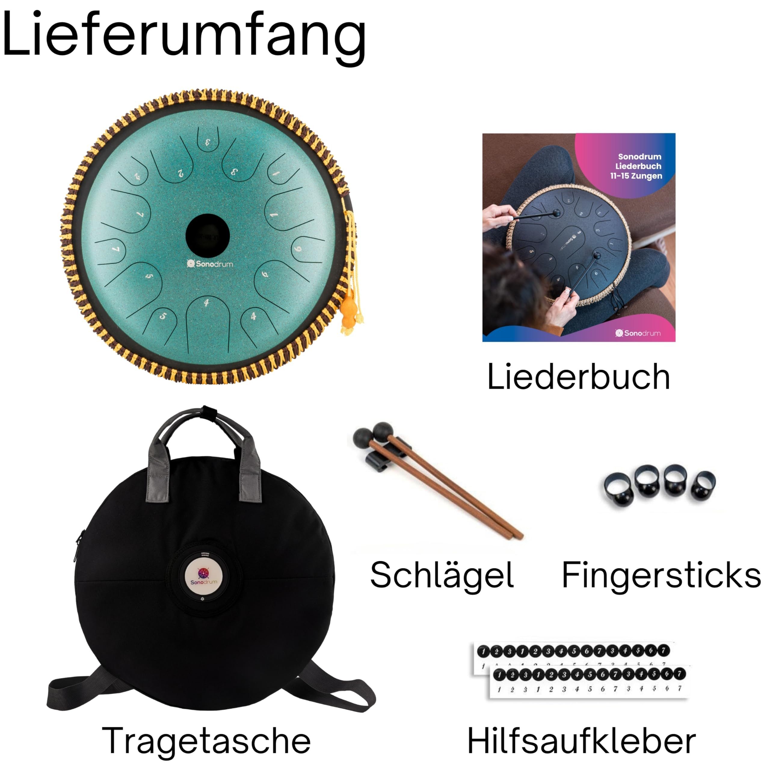 Sonodrum Steel Tongue Drum Zungentrommel "Exclusive" C-Dur - 38 cm groß, 14 Töne,- Steel Tongue Drum inkl. Liederbuch, Schlägel, Fingersticks und Tragetasche, Notenlesen nicht nötig, einfach zu spielen