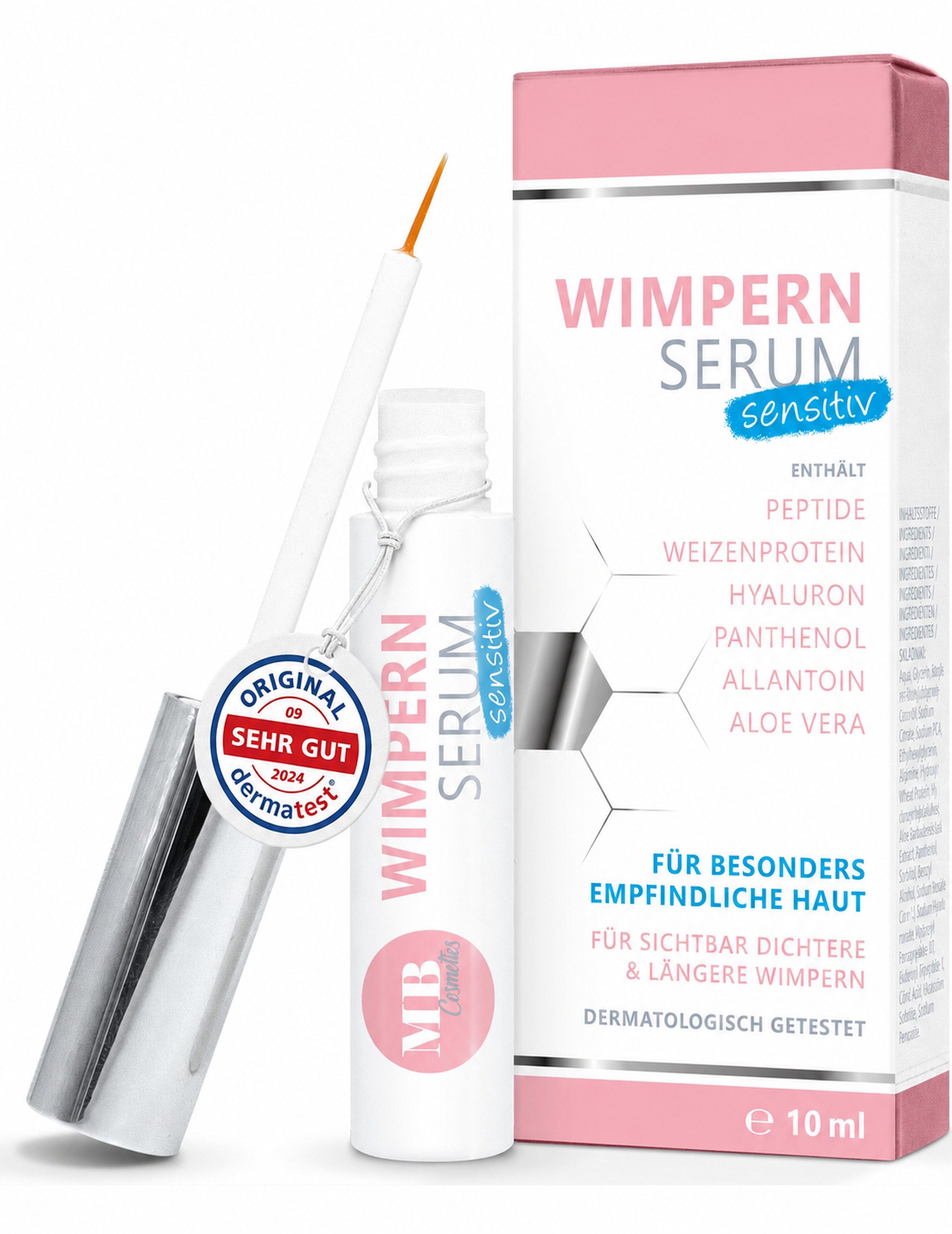 Medical Beauty Cosmetics Wimpernserum Sensitiv Vegan 10 ml - Lash Serum mit Hyaluron, Kollagen und Peptiden, klinisch & dermatologisch getestet, empfindliche Haut