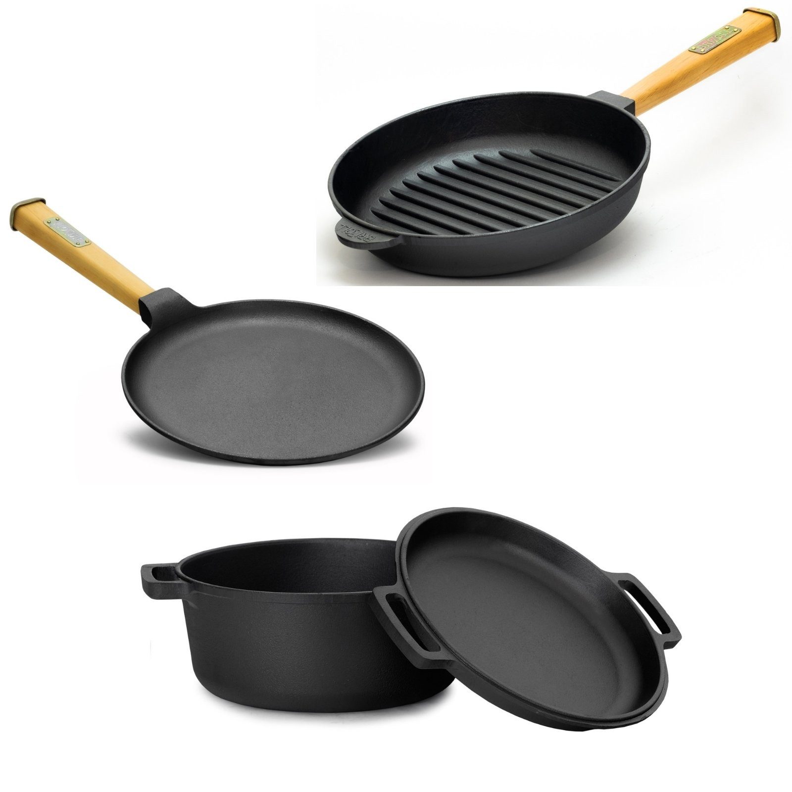 BIG-PAN Kochbesteck-Set Ø24 cm Pfannkuchenpfanne Ø24 cm Brotbackform Ø28 cm Grillpfanne, induktionsfähig