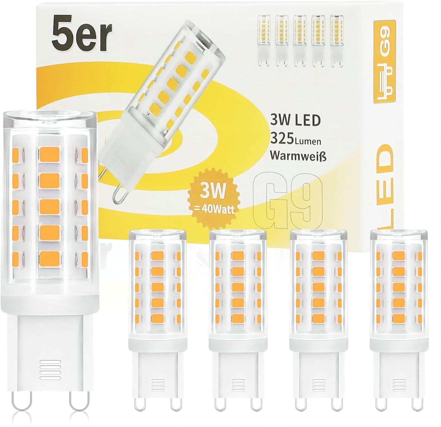 ZMH LED-Leuchtmittel Warmweiß Leuchtmittel 3W G9 Glühbirne Ersatz für Halogenlampe Flur, G9, 5 St., 3000k, Kein Flackern Enegiesparende Nicht Dimmbar