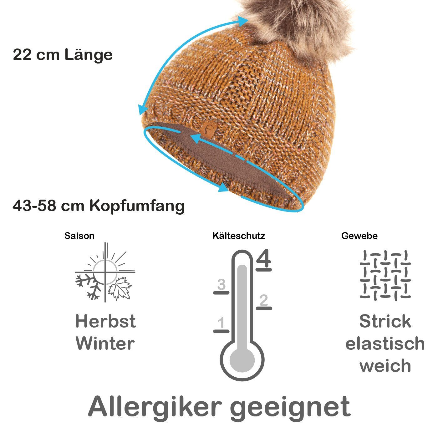 Wintermütze Bommelmütze Strickmütze Haube Faera Mütze senf Herren gefüttert Beanie Damen Bommelmütze