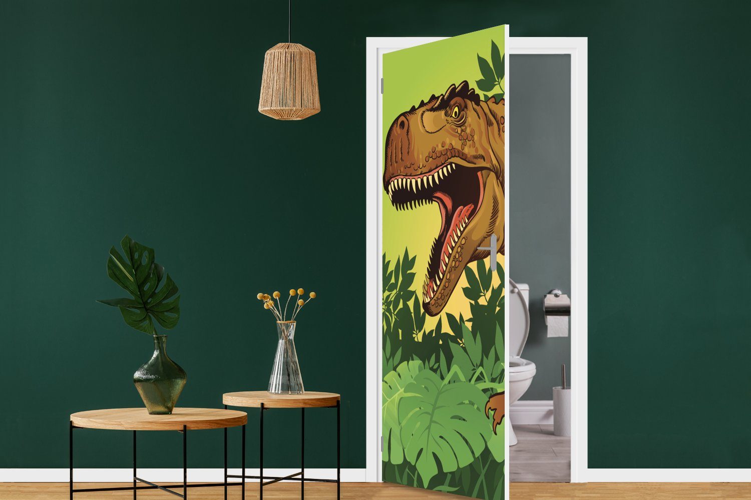 MuchoWow Türtapete Dinosaurier - Pflanzen Tür, (1 - Baby - - - Matt, Illustration Türaufkleber, 75x205 - cm bedruckt, Junge, Kinder Braun St), für Fototapete