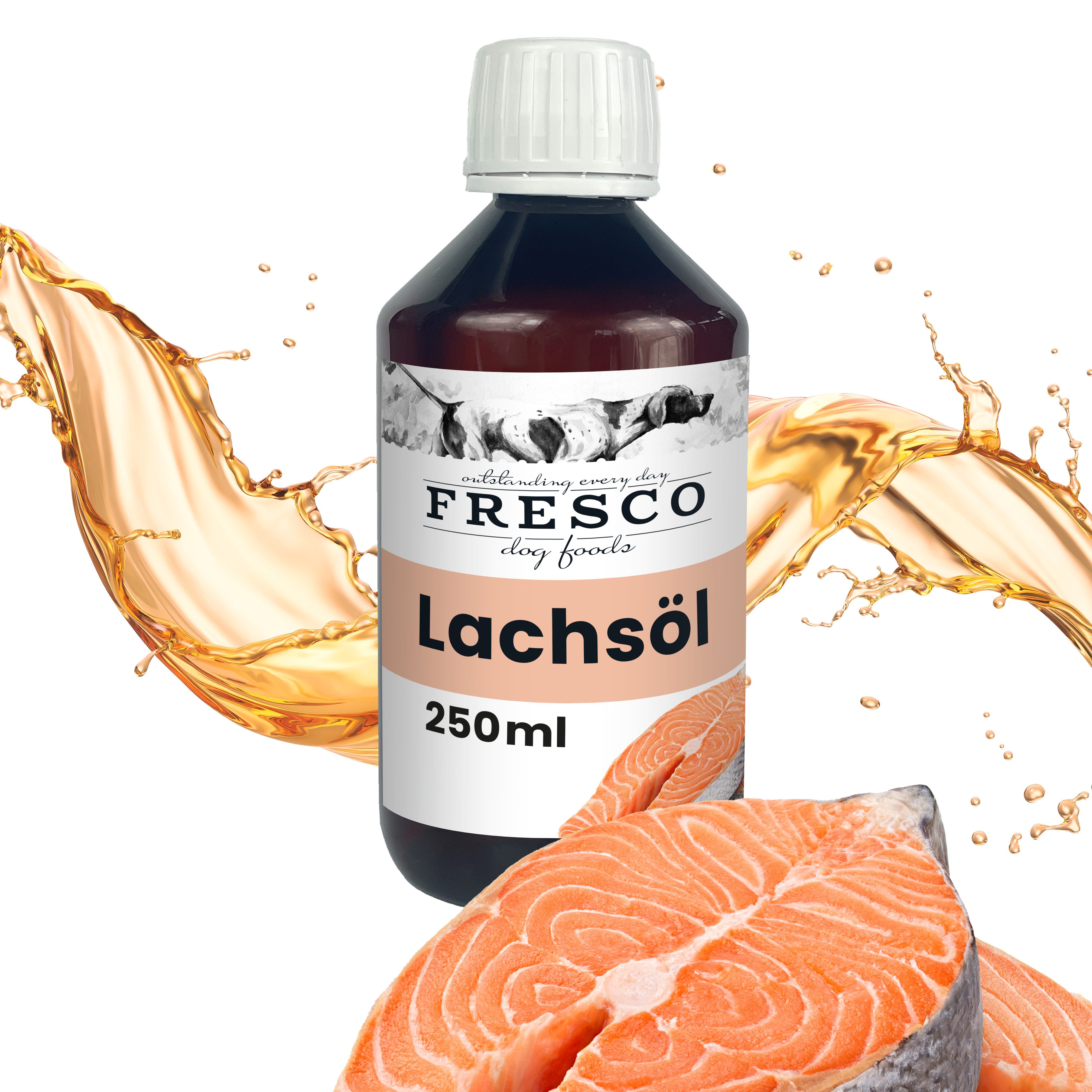 Fresco Dog Lachsöl für Hunde 250ml / 500ml / 1L, Hochwertiges BARF Öl, Ergänzungsfutter für: Hunde, Mit Omega 3 & 6, Salmon Oil for Dogs mit Vitamin D & A
