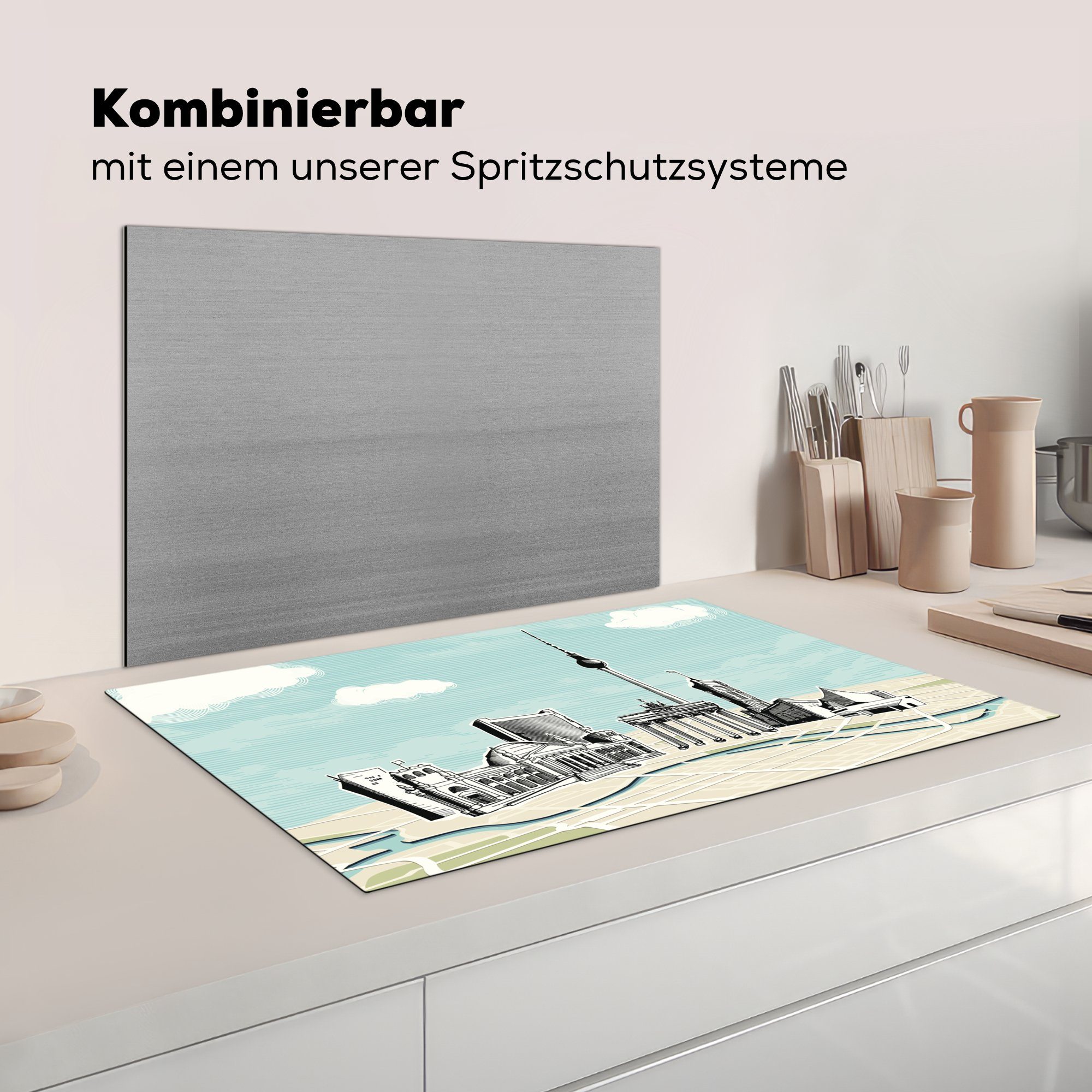 auf Illustration Herdblende-/Abdeckplatte küche Ceranfeldabdeckung, 83x51 der in Sehenswürdigkeiten der Berlin Arbeitsplatte cm, für Vinyl, tlg), Karte, MuchoWow (1