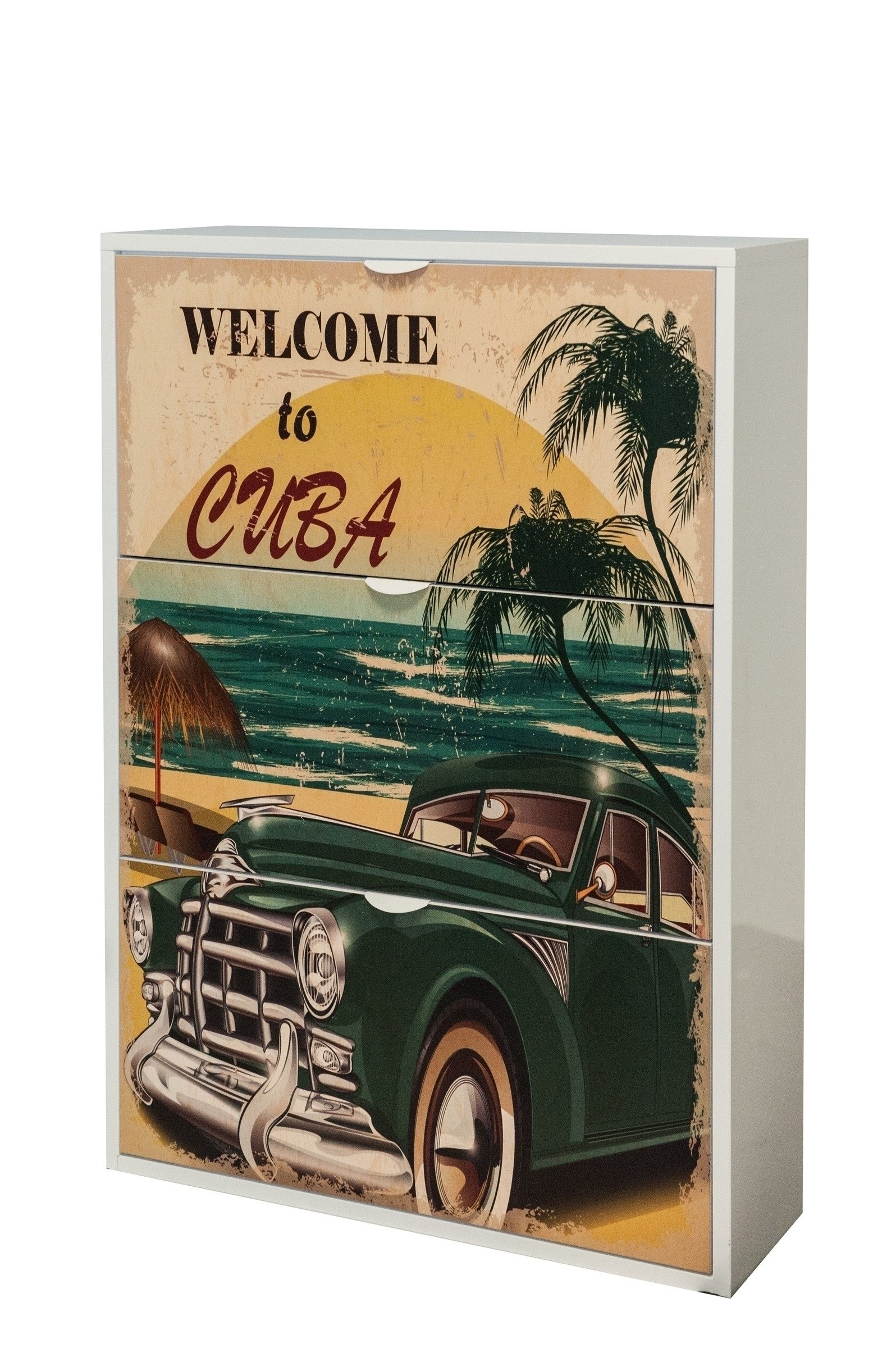 PREISBRECHER Schuhkipper TWIN, in Weiß mit Cuba-Motiv, MDF weiß - 58x128,5x25cm (BxHxT)