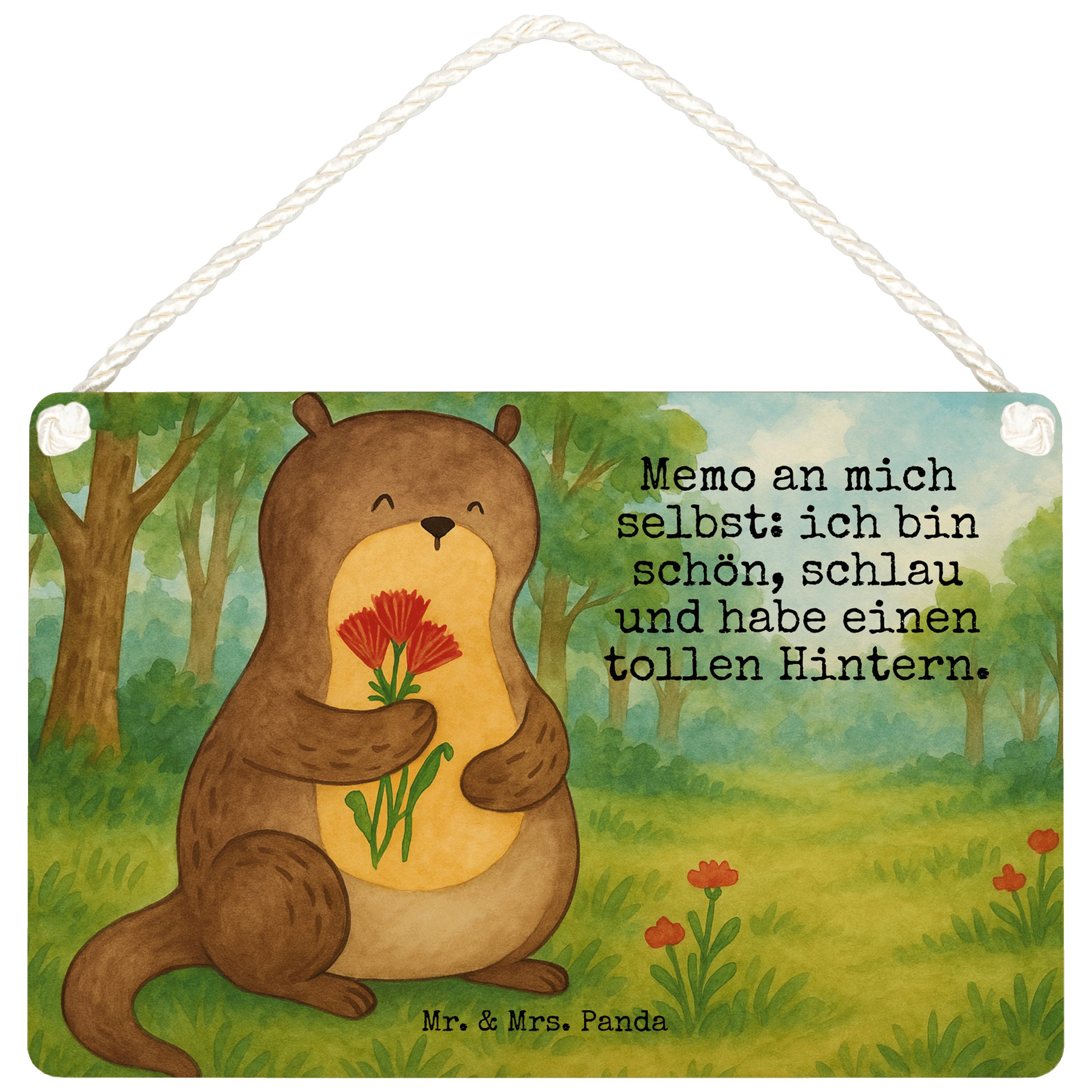 Mr. & Mrs. Panda Hinweisschild Otter Blumenstrauß Design, Schild DIN A6, Weiß, Seeotter, Achtsamkeit, (Packung, 1 St)