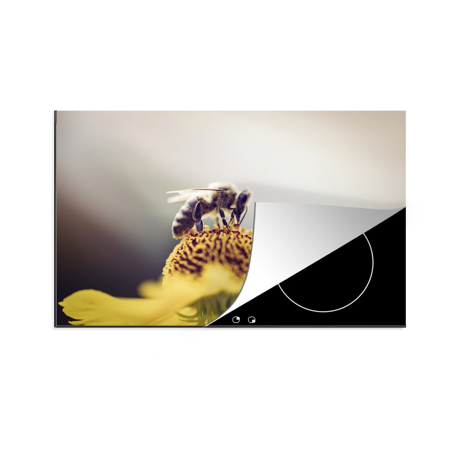 Schutz gelben Induktionskochfeld Vinyl, einer Herdblende-/Abdeckplatte (1 Biene Ceranfeldabdeckung Blume, 81x52 auf küche, für MuchoWow cm, die tlg),