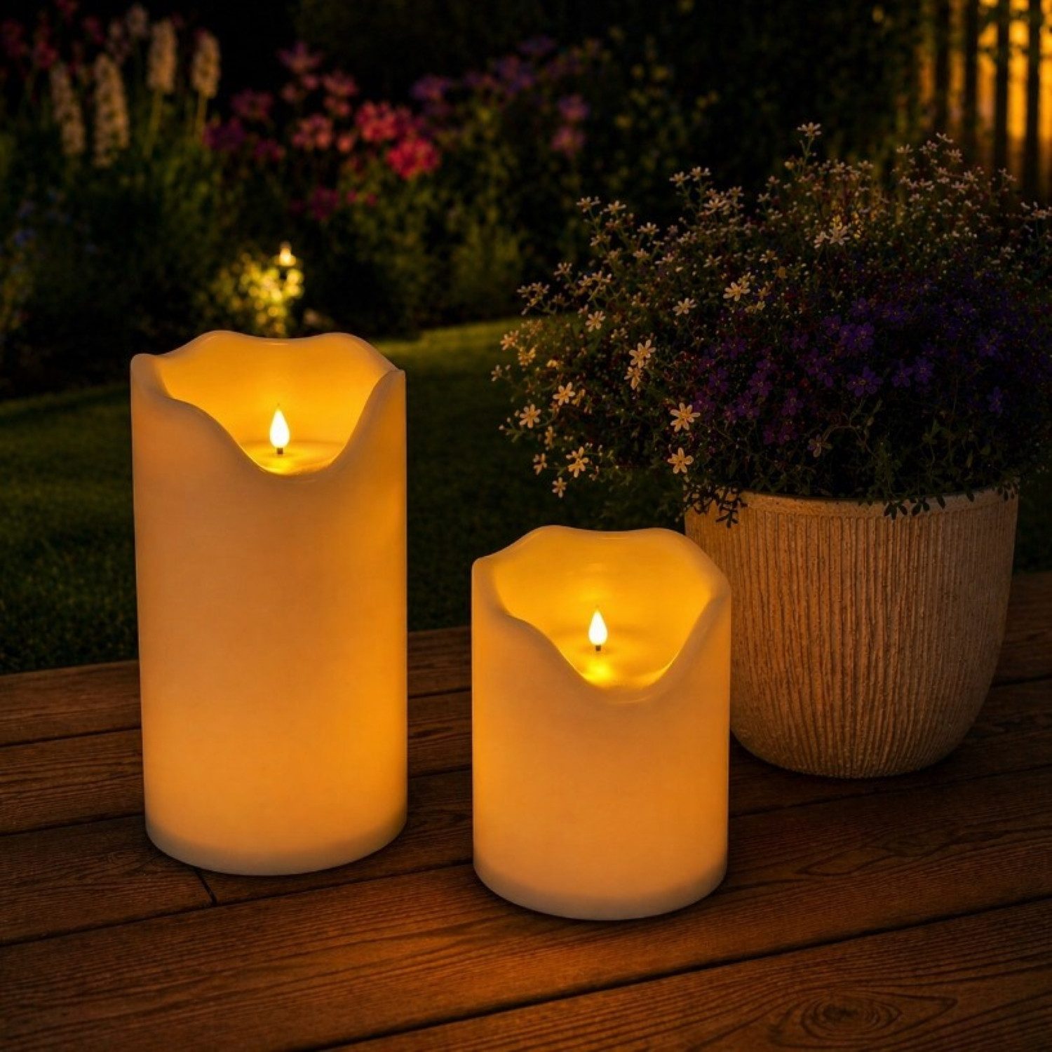Online-Fuchs LED-Kerze 2 LED Solar Bodenkerzen, aufladbar für draußen - Lampen Outdoor (Creme oder Weiß, realistische Kerzenflamme), 20 und 30 cm hoch, 16 cm im Durchmesser