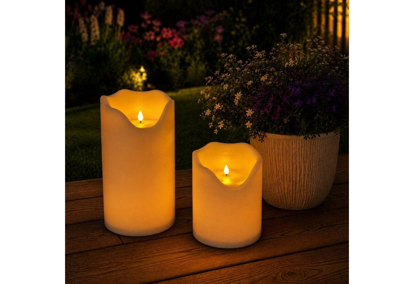 Online-Fuchs LED-Kerze 2 LED Solar Bodenkerzen, aufladbar für draußen - Lampen Outdoor (Creme oder Weiß, realistische Kerzenflamme), 20 und 30 cm hoch, 16 cm im Durchmesser