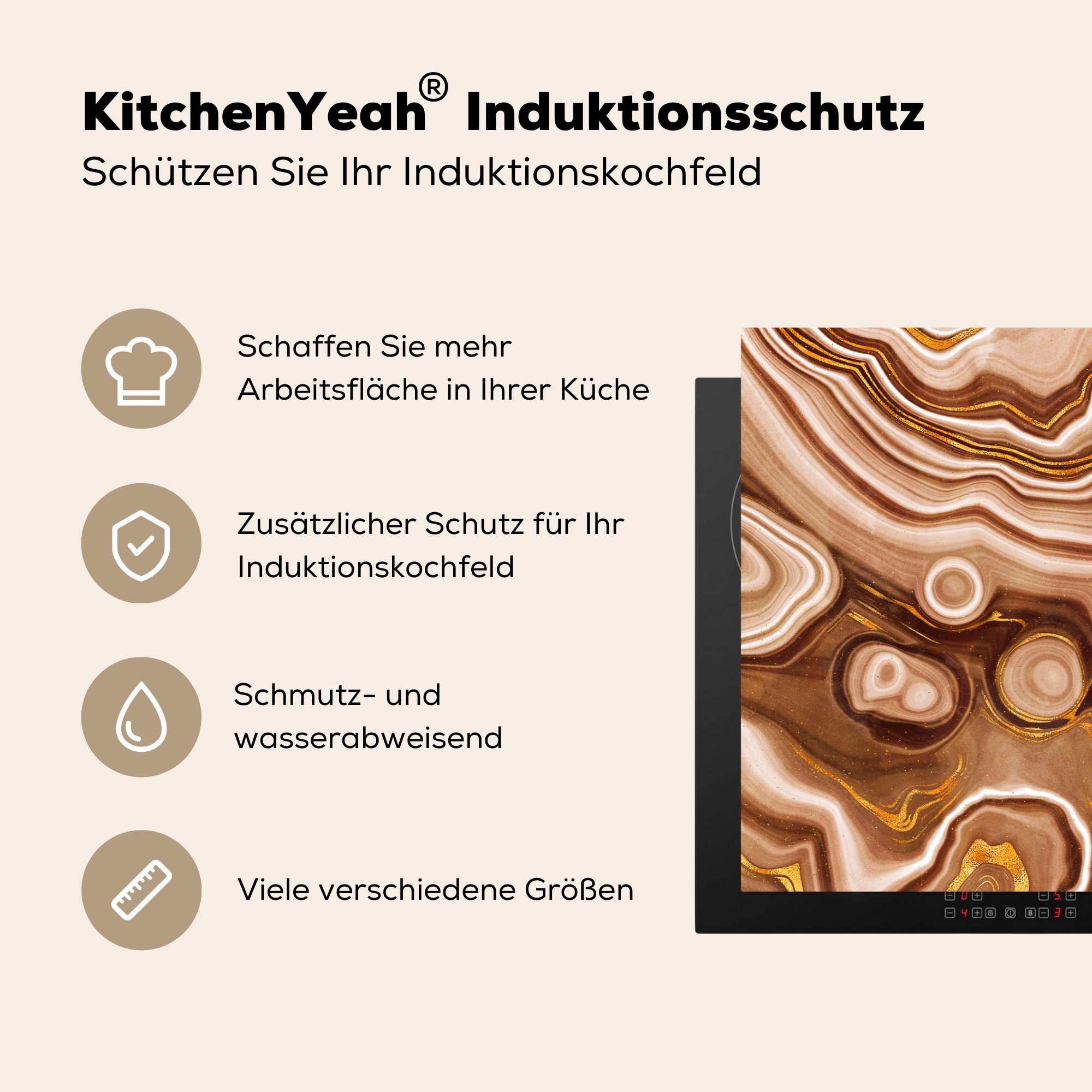 Ceranfeldabdeckung Golden küche, tlg), (1 Schutz Induktionskochfeld Marmor für - Vinyl, cm, - MuchoWow Herdblende-/Abdeckplatte 81x52 Kreis, die