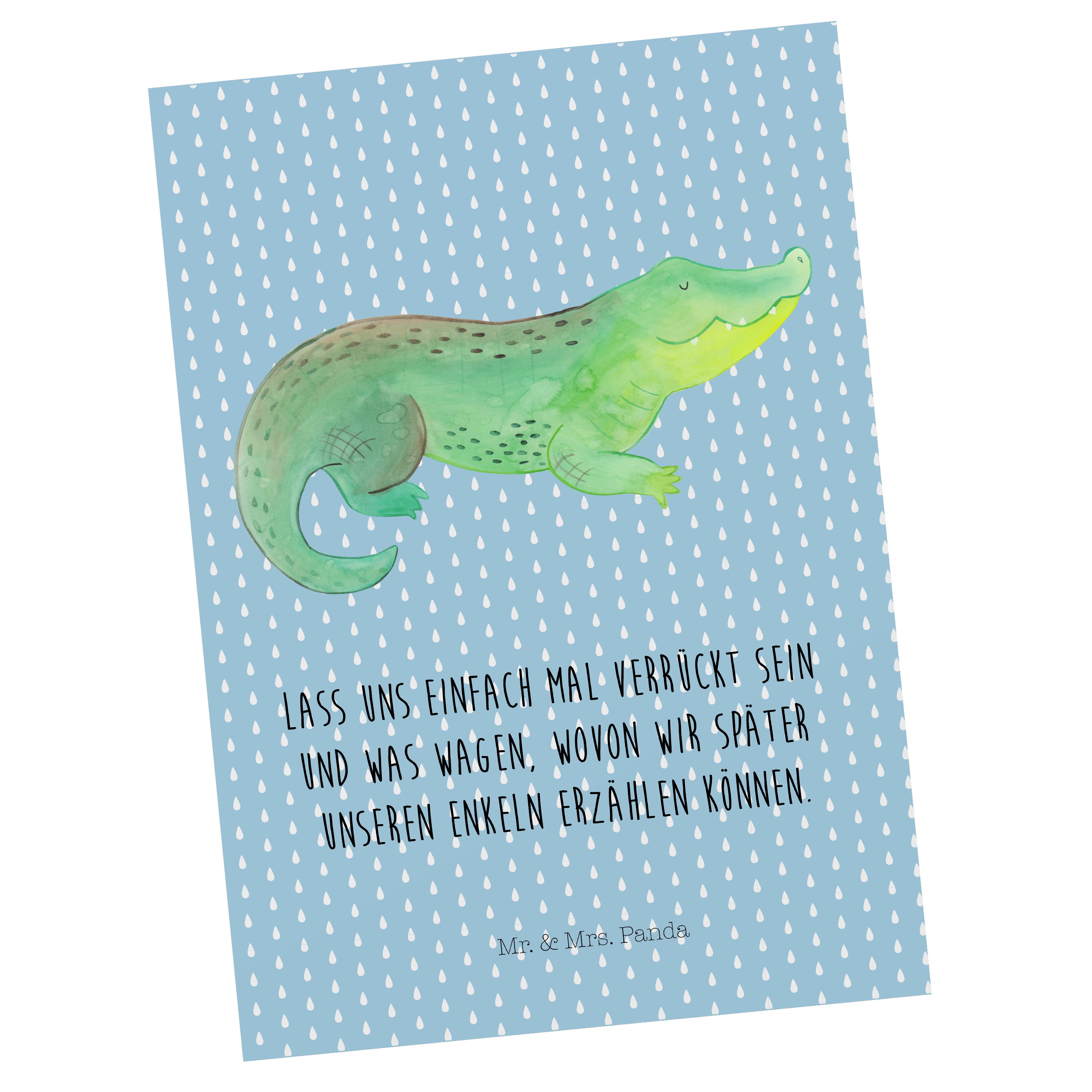 Mr. & Mrs. Panda Postkarte Krokodil - Blau Pastell - Geschenk, Grußkarte, Abenteuerlust, beste F