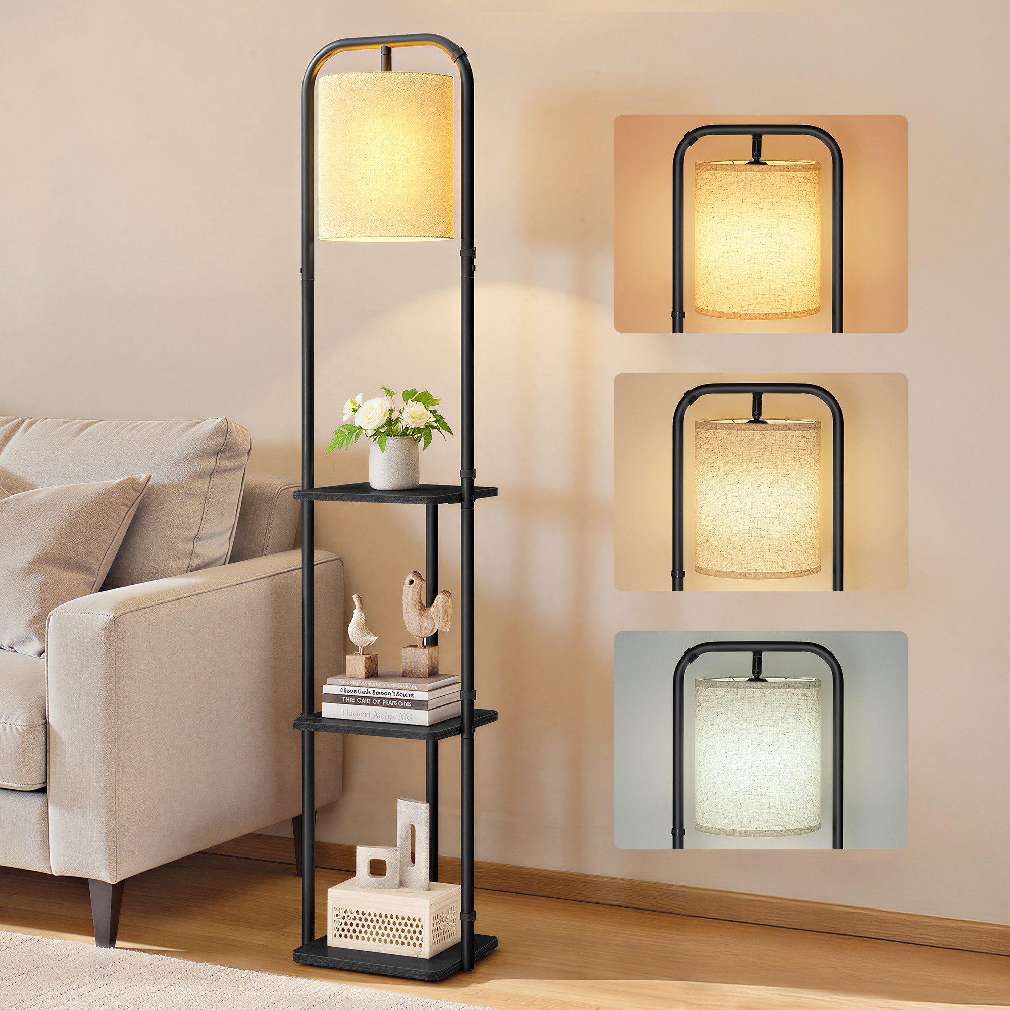 VASAGLE Stehlampe mit 3 Ablagen, Standleuchte, Stehleuchte, Fußschalter, LED wechselbar, LED-Glühbirne inklusive, Lampenschirm aus Stoff