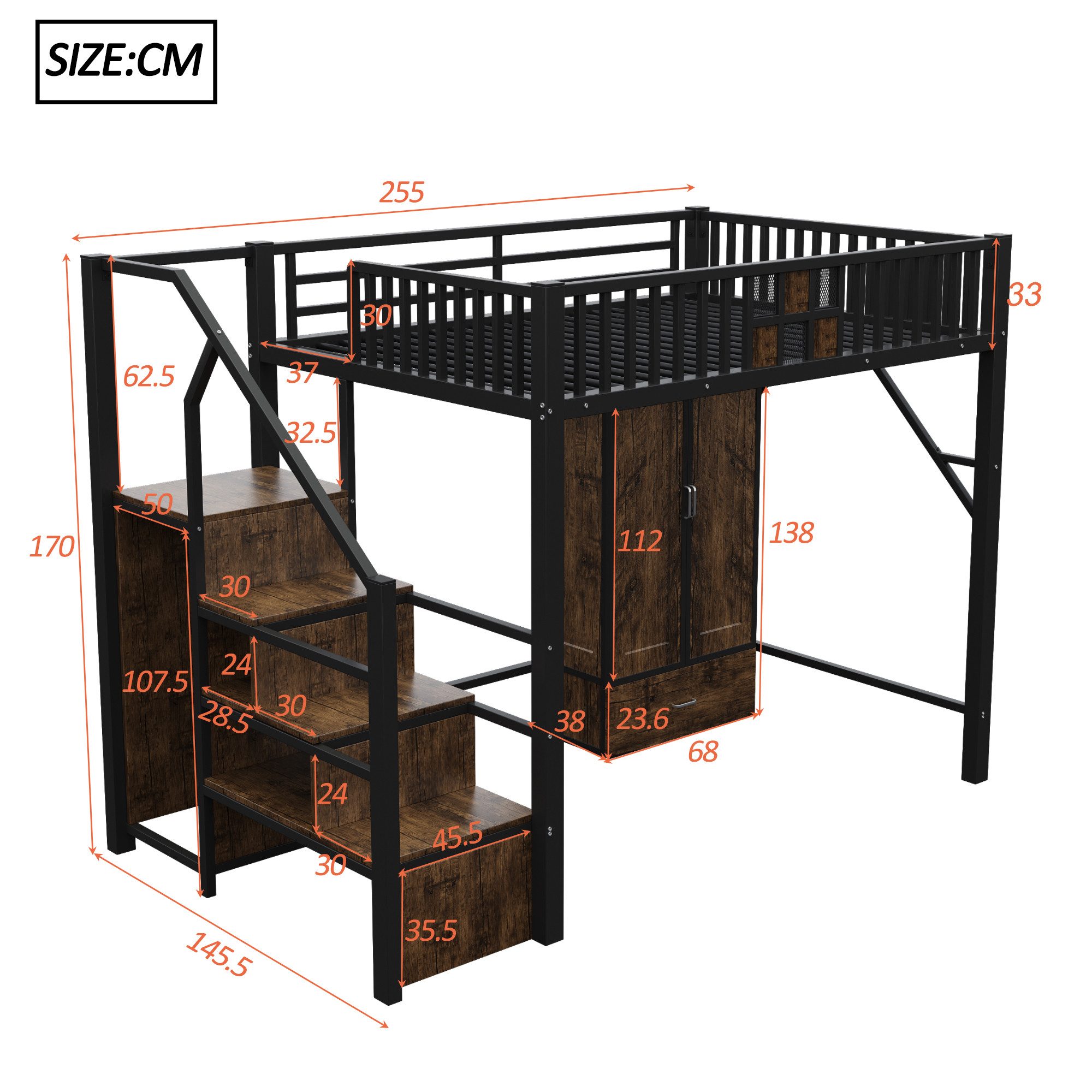 Celya Hochbett 140 × 200 cm Mit Markantem Geländerdesign Aus Holz und Metallgitter (ohne Matratze, mit Großem Kleiderschrank, Schubladen und Aufbewahrungsleiter) Geeignet für Schlafzimmer