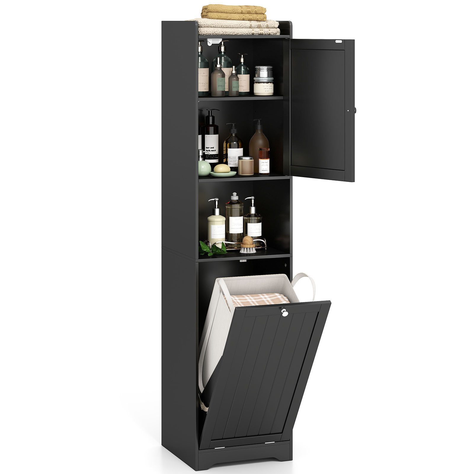 COSTWAY Badkommode, Hochschrank mit Wäschekorb, Stauraum, 170cm