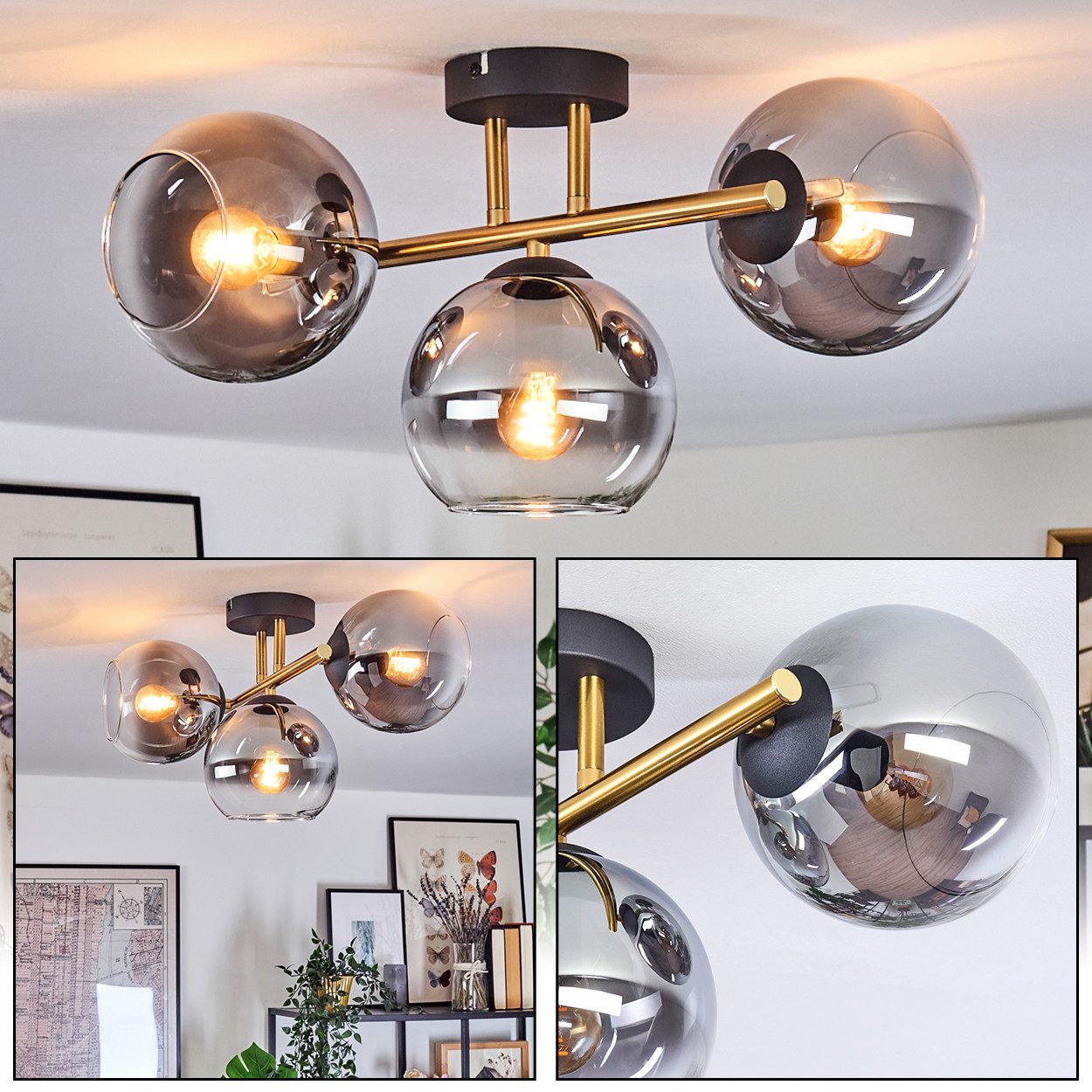 Stehlampe Deckenlampe aus Metall/Glas in Schwarz/Gold-/Rauchfarben/Klar