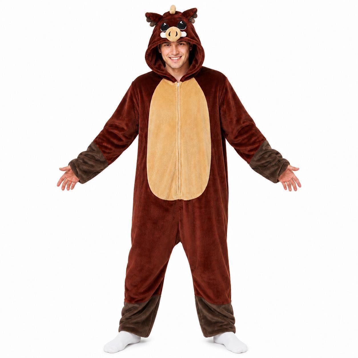 Corimori Partyanzug Flauschiges Wildschwein-Kostüm für Erwachsene, Karneval Kostüm Onesie, Jumpsuit, Pyjama, Fasching, Kigurumi, Tierkostüme, Wildschwein "Gus"