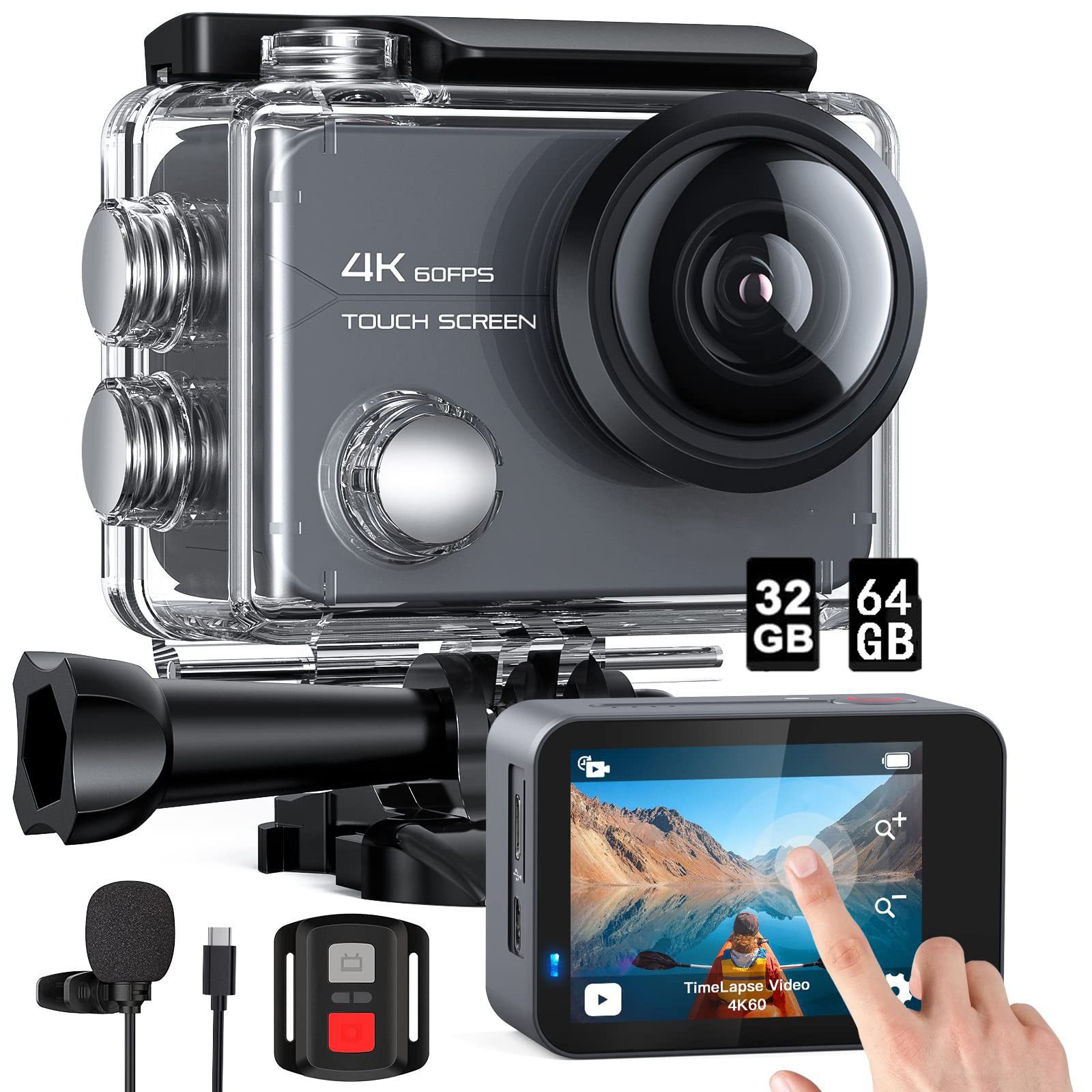 Action Cam 4K 60fps 20MP Touchscreen WiFi Wasserdicht 40m Action Cam