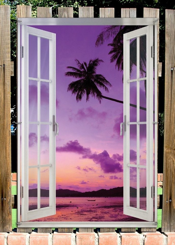 Thumbnail - Wallario Sichtschutzzaunmatten Sonnenuntergang unter Palmen Himmel in lila und orange, mit Fenster-Illusion