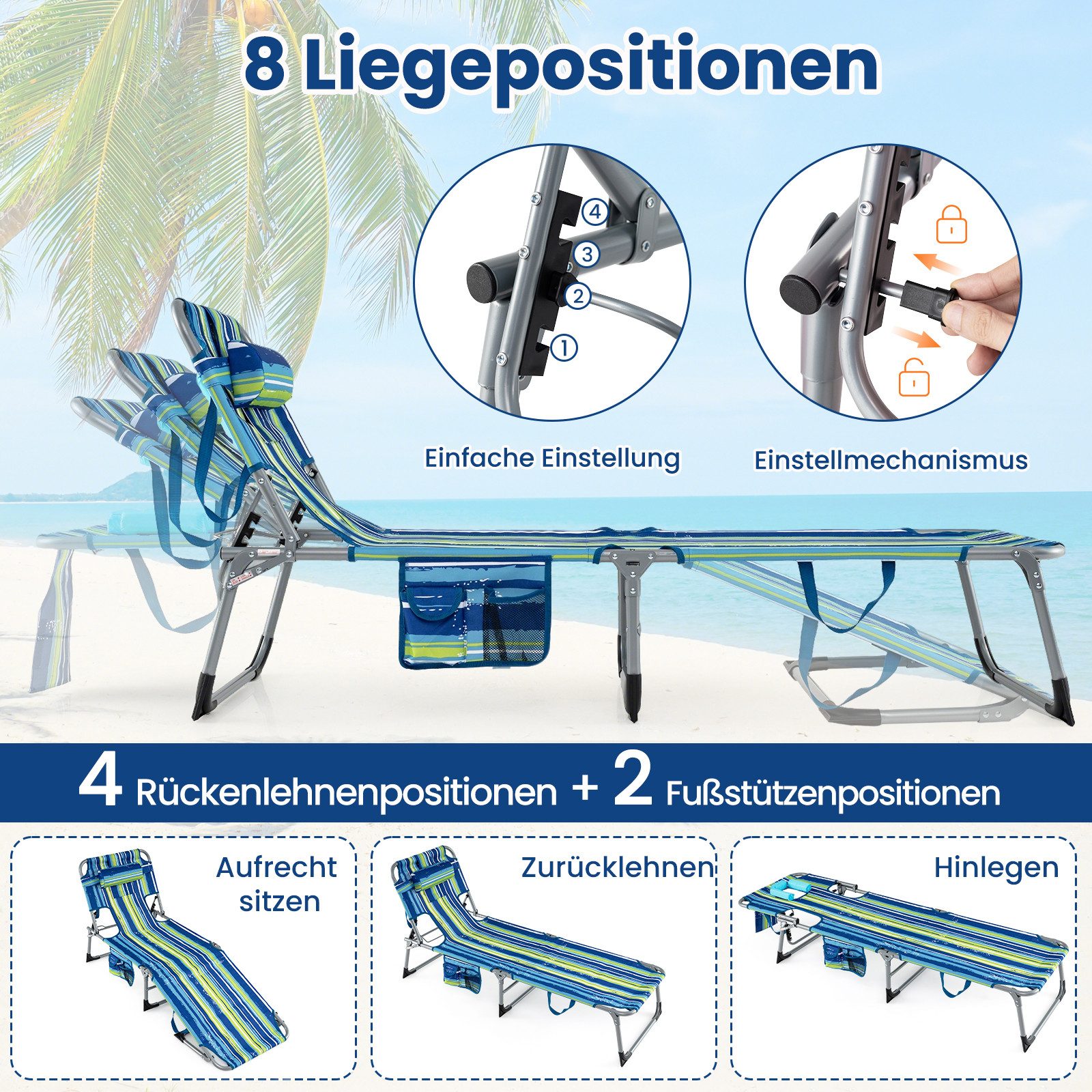 COSTWAY Gartenliege, klappbare Sonnenliege mit Loch für Kopf und Arme