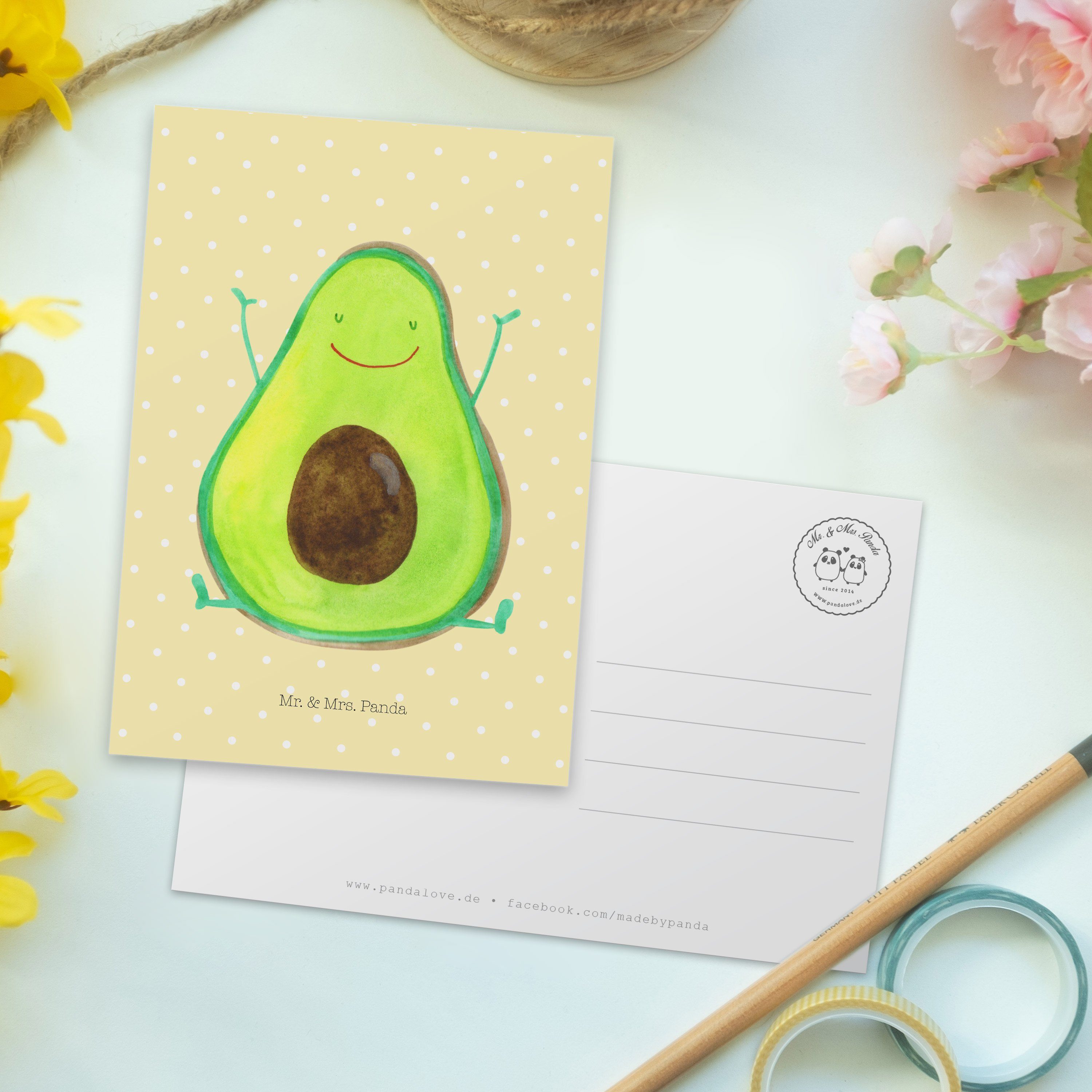- Happy Avocado Mr. - Veggie, & Mrs. gl Postkarte Pastell Geschenk, Panda Geburtstagskarte, Gelb