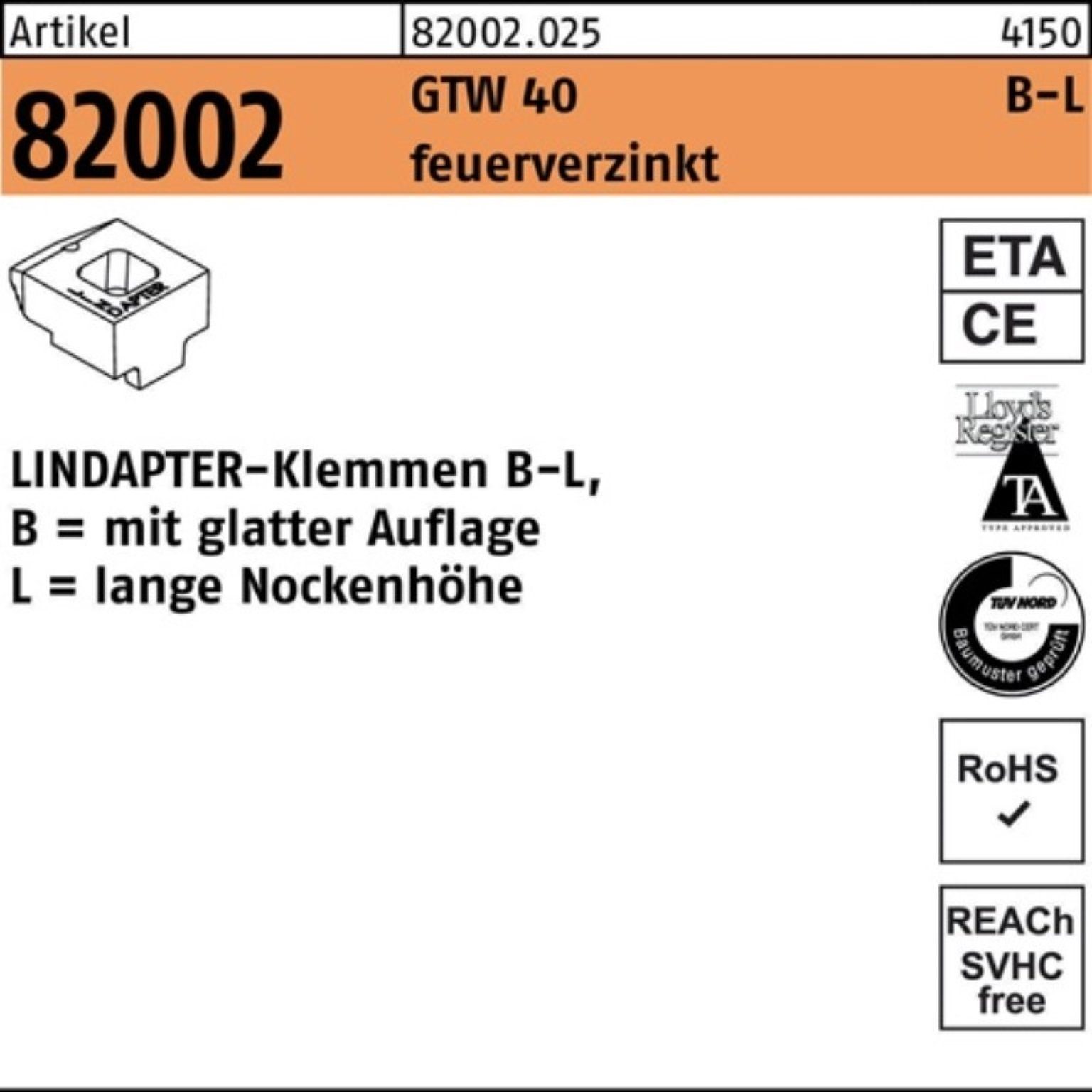 Lindapter Klemmen 100er Pack Klemmen R 82002 GTW 40 LM 12/9,5 feuerverz. 1 Stück LINDAP